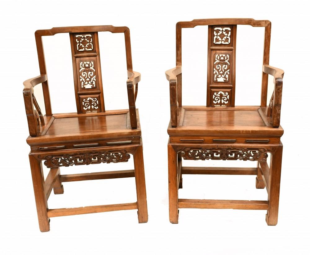 Early 20th Century Pair Chinese Hardwood Arm Chairs Carved Antique 1920