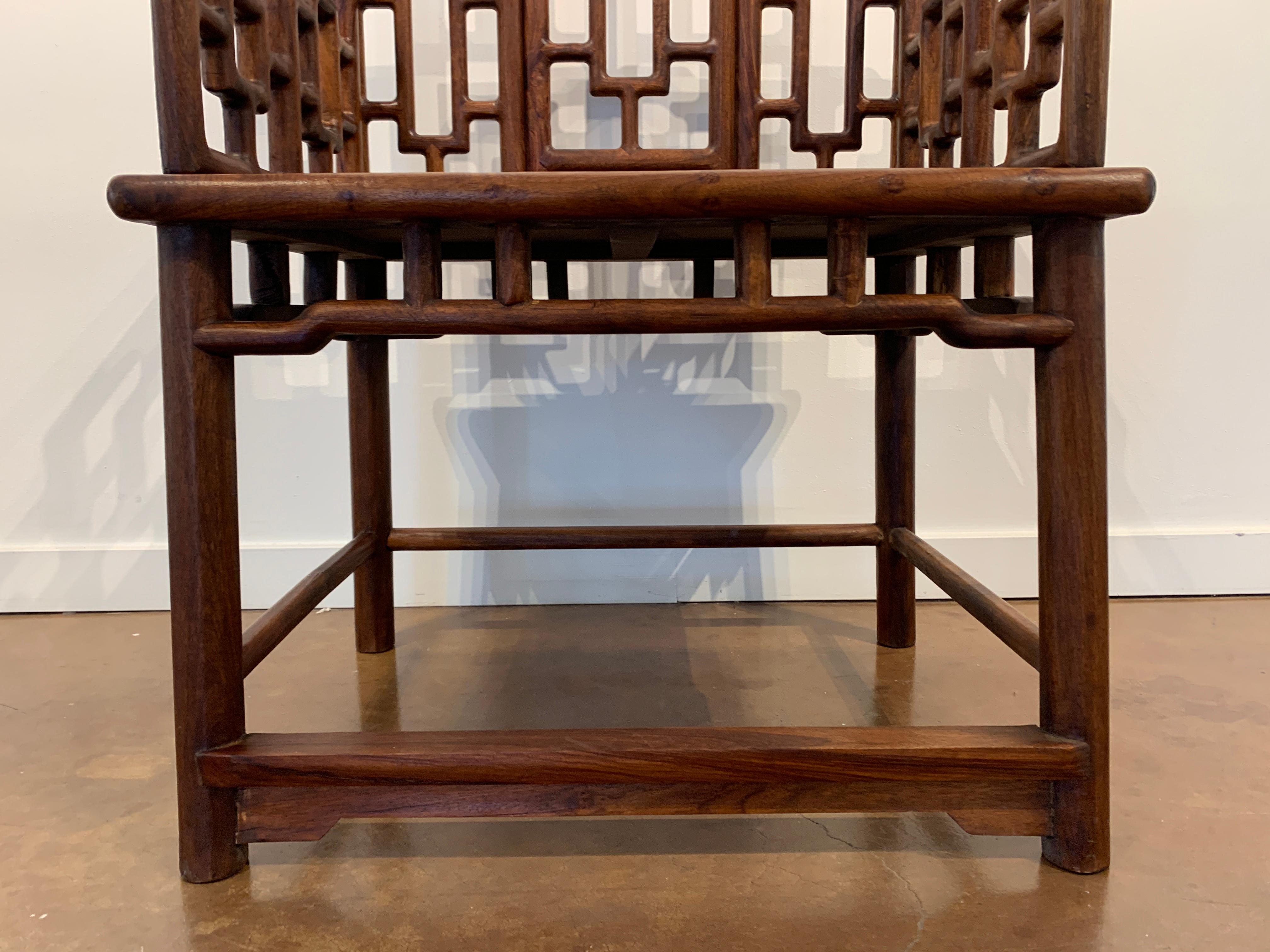 Pair of Chinese Hardwood Geometric Panel Armchairs, Mid-20th Century 2