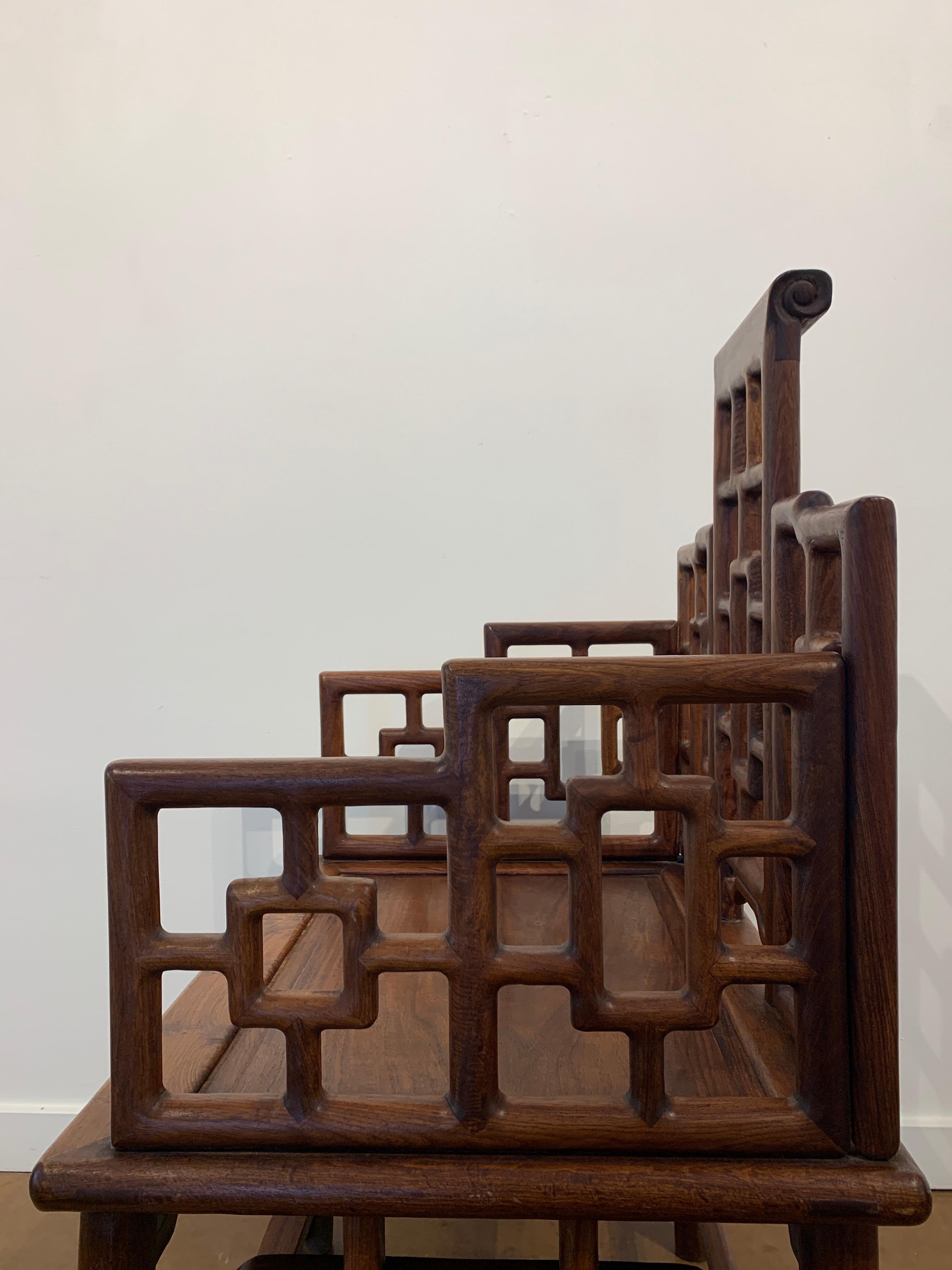 Pair of Chinese Hardwood Geometric Panel Armchairs, Mid-20th Century 4