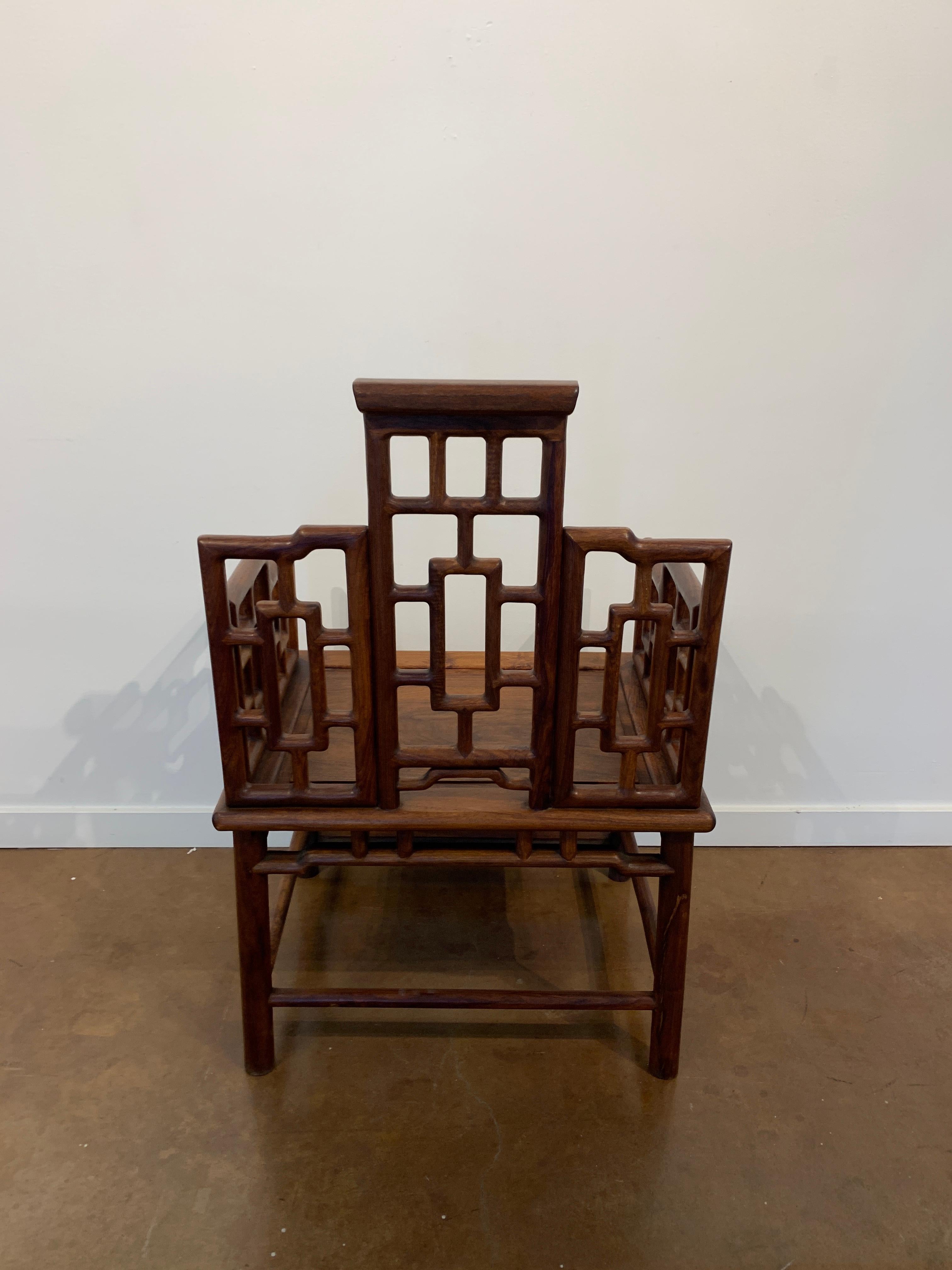 Pair of Chinese Hardwood Geometric Panel Armchairs, Mid-20th Century 5
