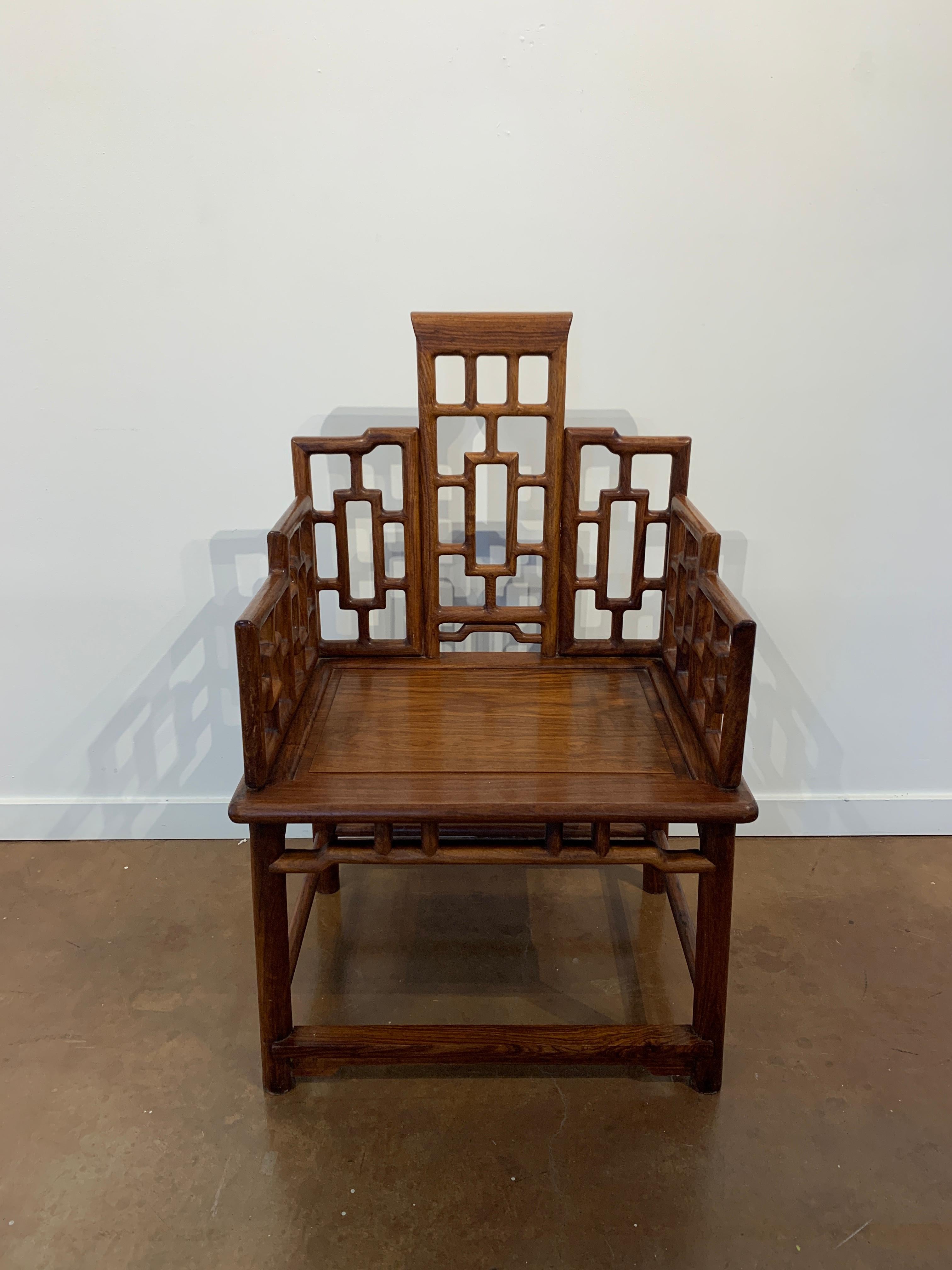 Pair of Chinese Hardwood Geometric Panel Armchairs, Mid-20th Century 8