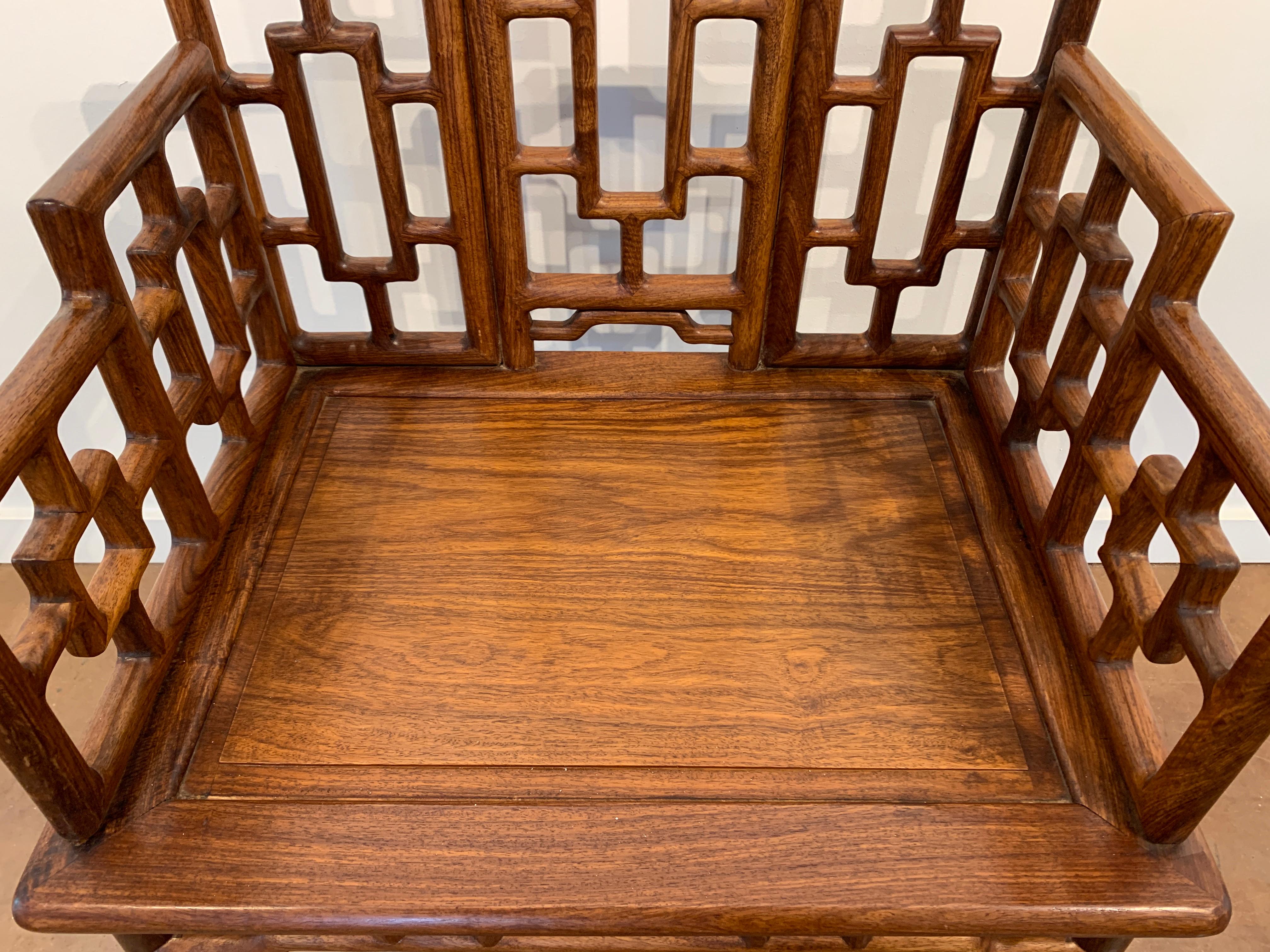 Pair of Chinese Hardwood Geometric Panel Armchairs, Mid-20th Century 9