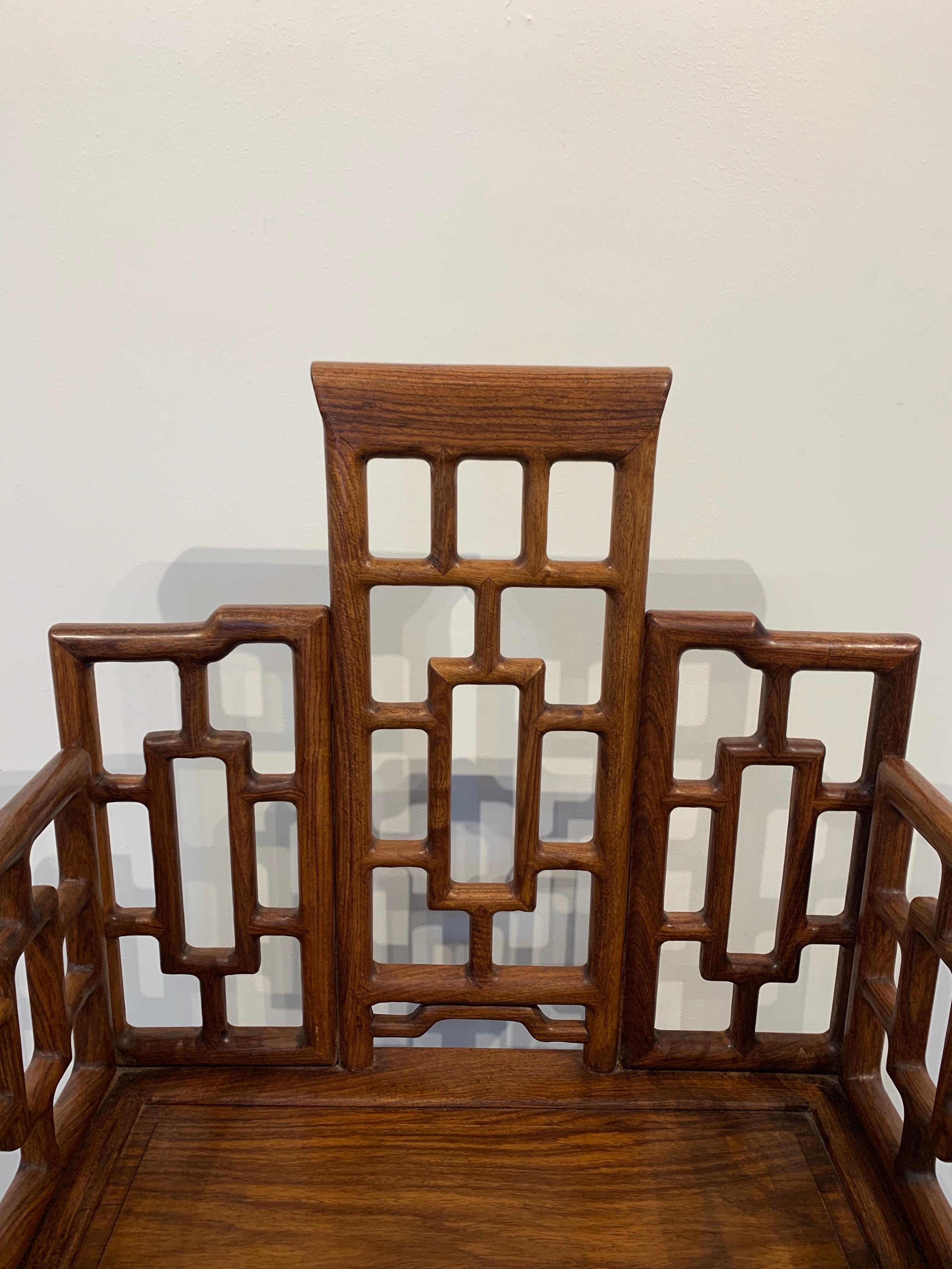 Pair of Chinese Hardwood Geometric Panel Armchairs, Mid-20th Century 10