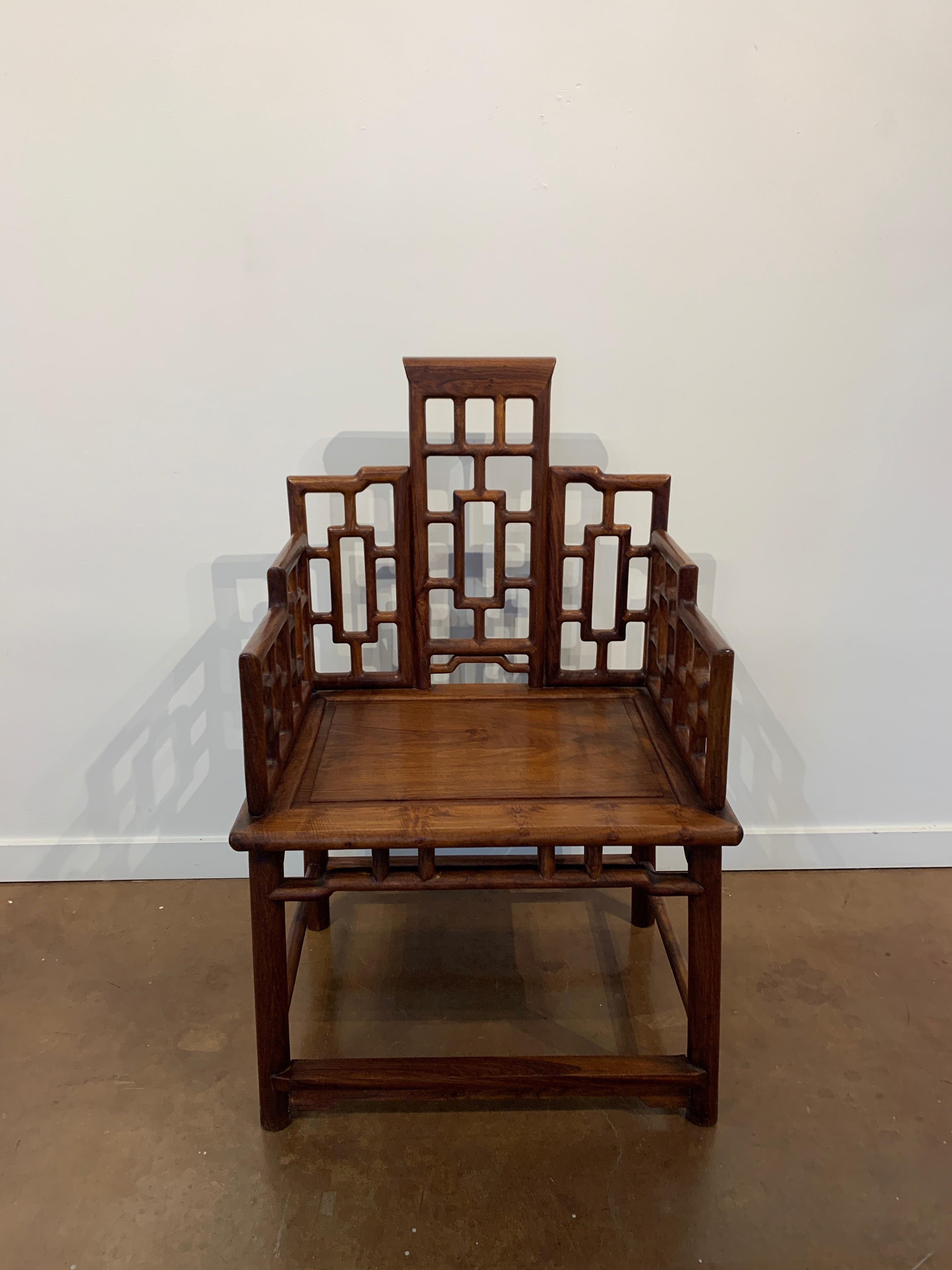 Qing Pair of Chinese Hardwood Geometric Panel Armchairs, Mid-20th Century