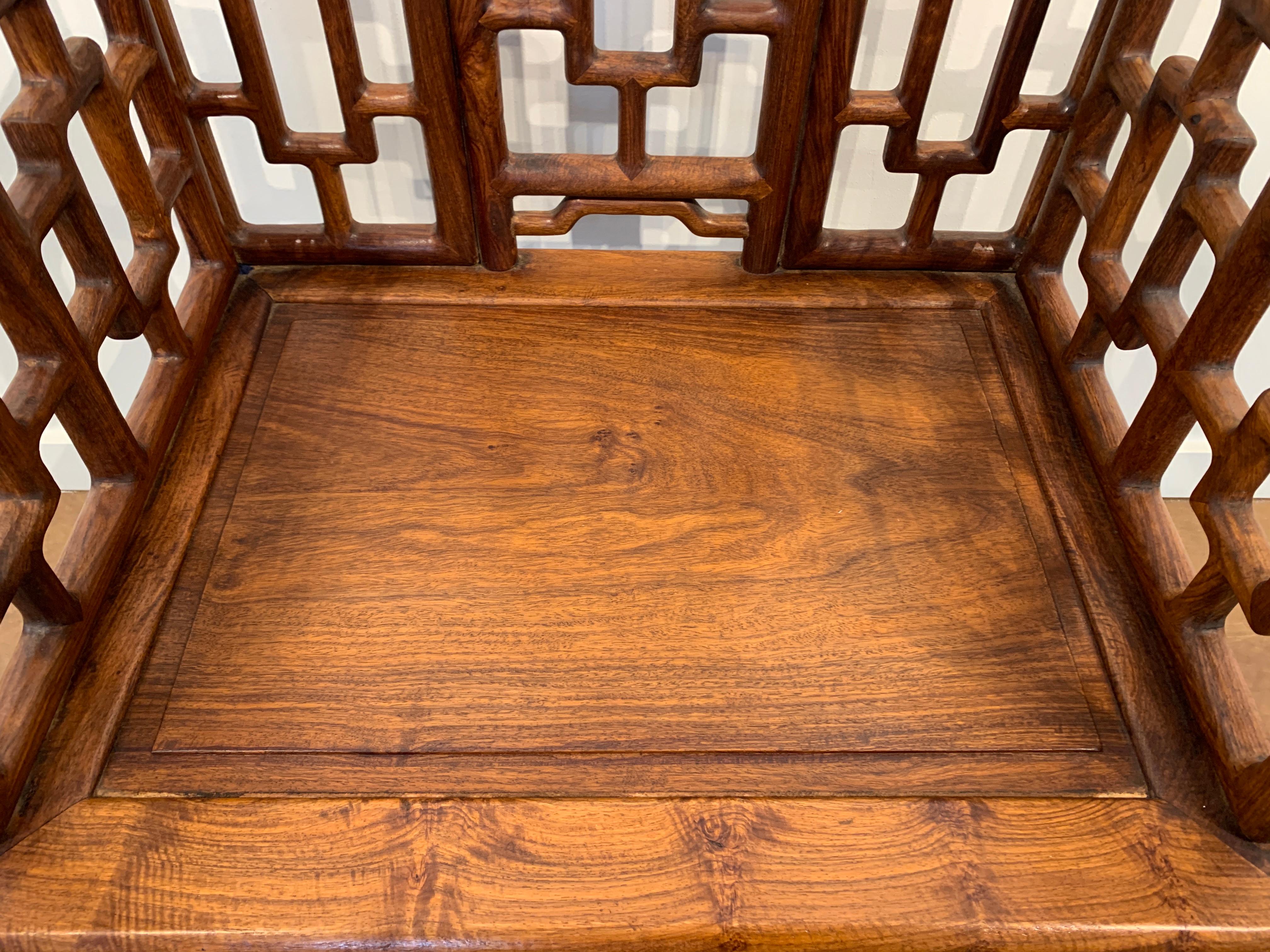 Joinery Pair of Chinese Hardwood Geometric Panel Armchairs, Mid-20th Century