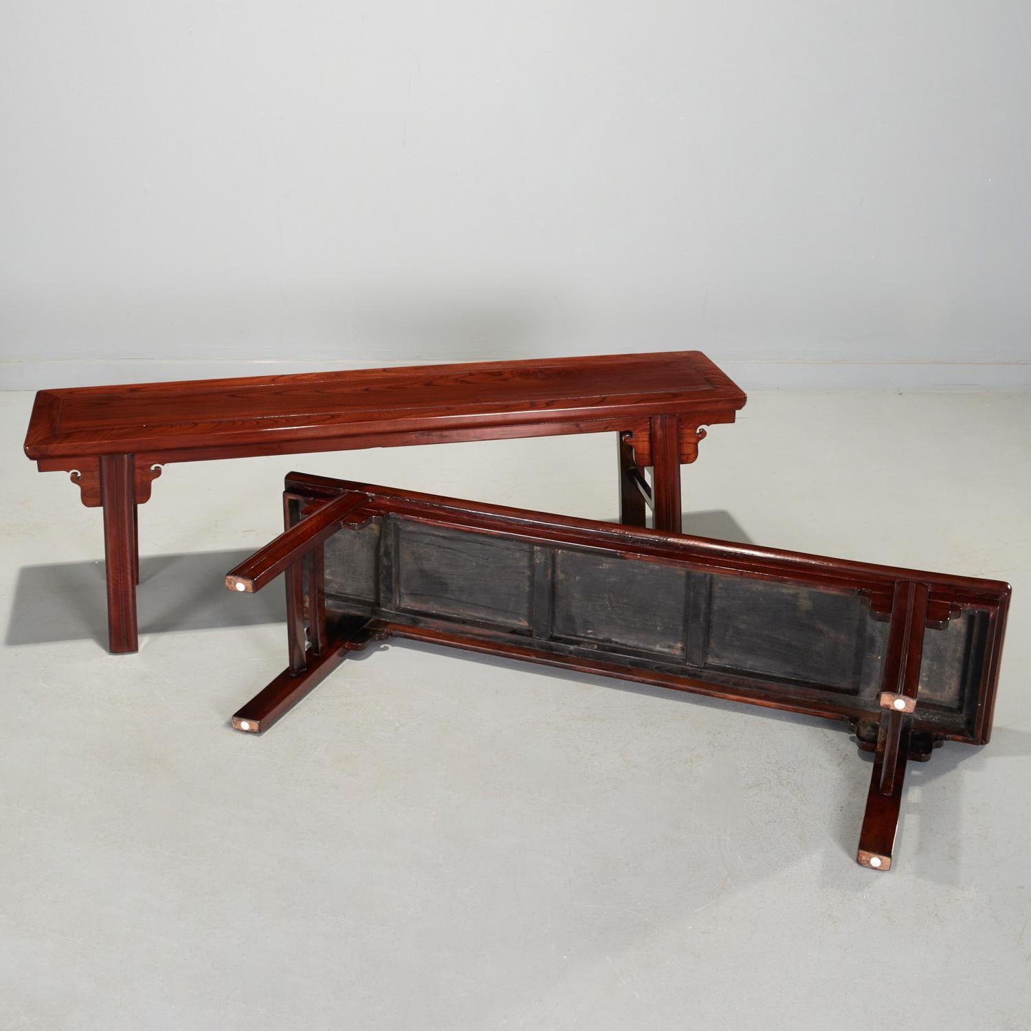 Wood 19th c, Ming Style Hardwood Long Benches With Cloud Spandrels  - A Pair For Sale