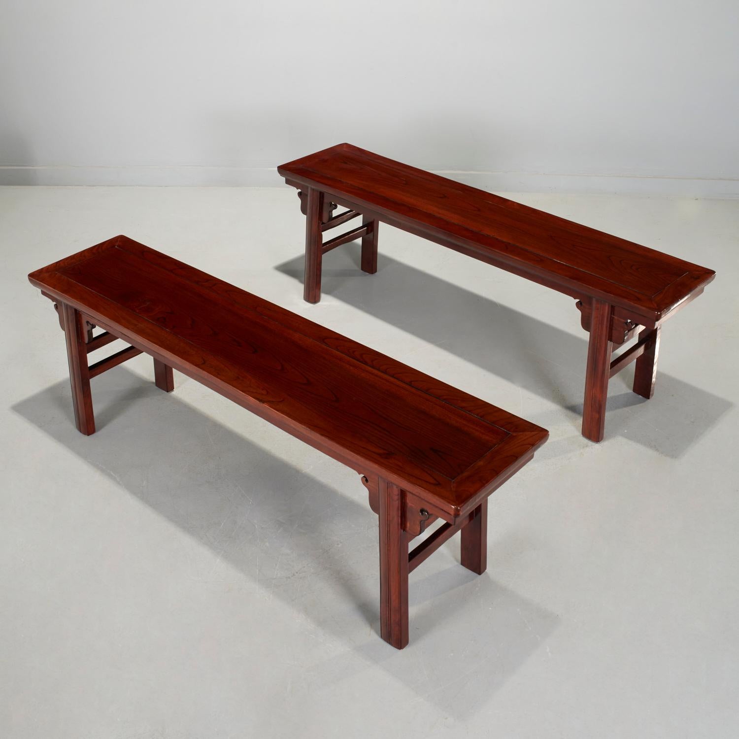 19th c, Ming Style Hardwood Long Benches With Cloud Spandrels  - A Pair For Sale 1