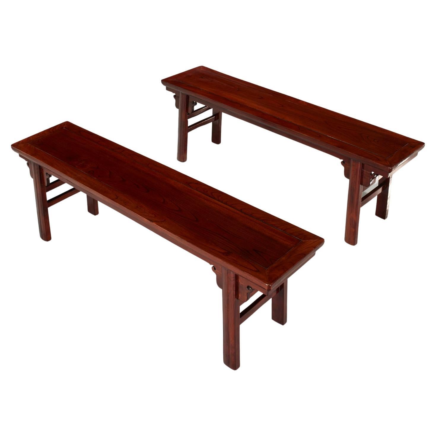 19th c, Ming Style Hardwood Long Benches With Cloud Spandrels  - A Pair For Sale