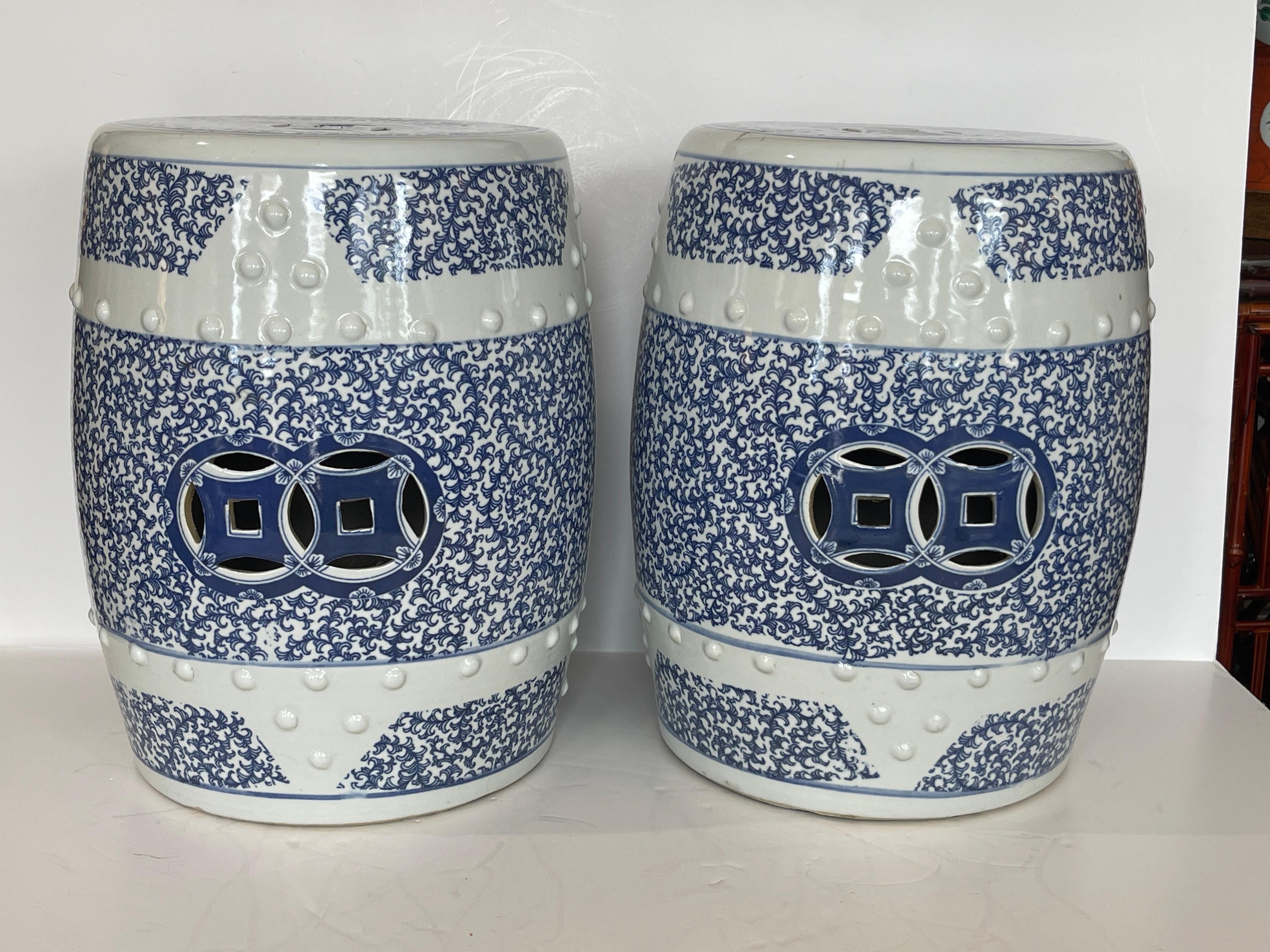 Just in,  this Pair Chinese Heavy Ceramic  Hobnails Blue & White Garden Stools.
Very delicate Blue floras through out on a Off-White background.
Very good to excellent condition, consistent with age and use, no chips or repairs