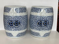 Pair Chinese Heavy Ceramic Hobnails Blue & White Garden Stools