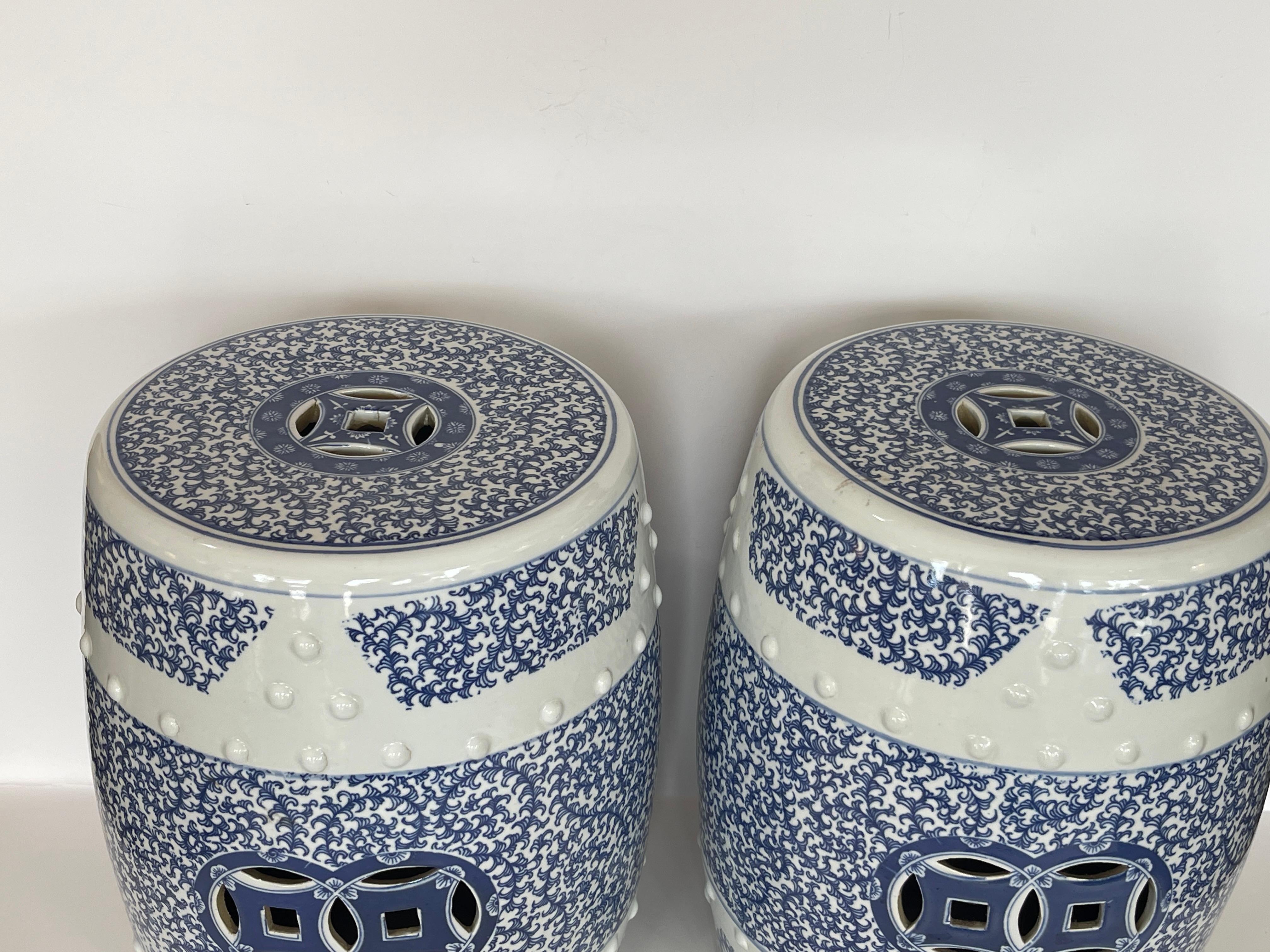 Chinoiserie Pair Chinese Heavy Ceramic Hobnails Blue & White Garden Stools