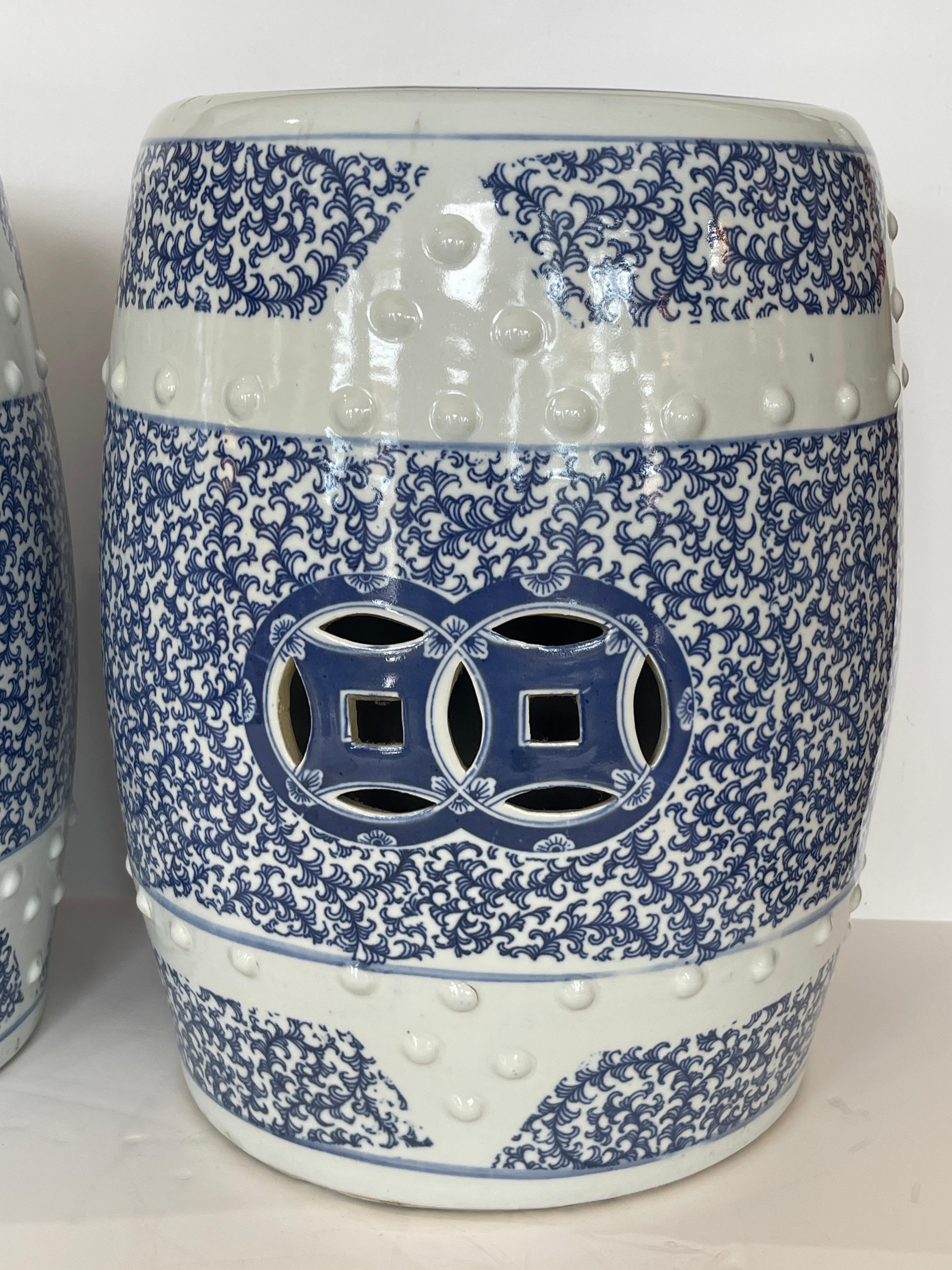 Hand-Crafted Pair Chinese Heavy Ceramic Hobnails Blue & White Garden Stools