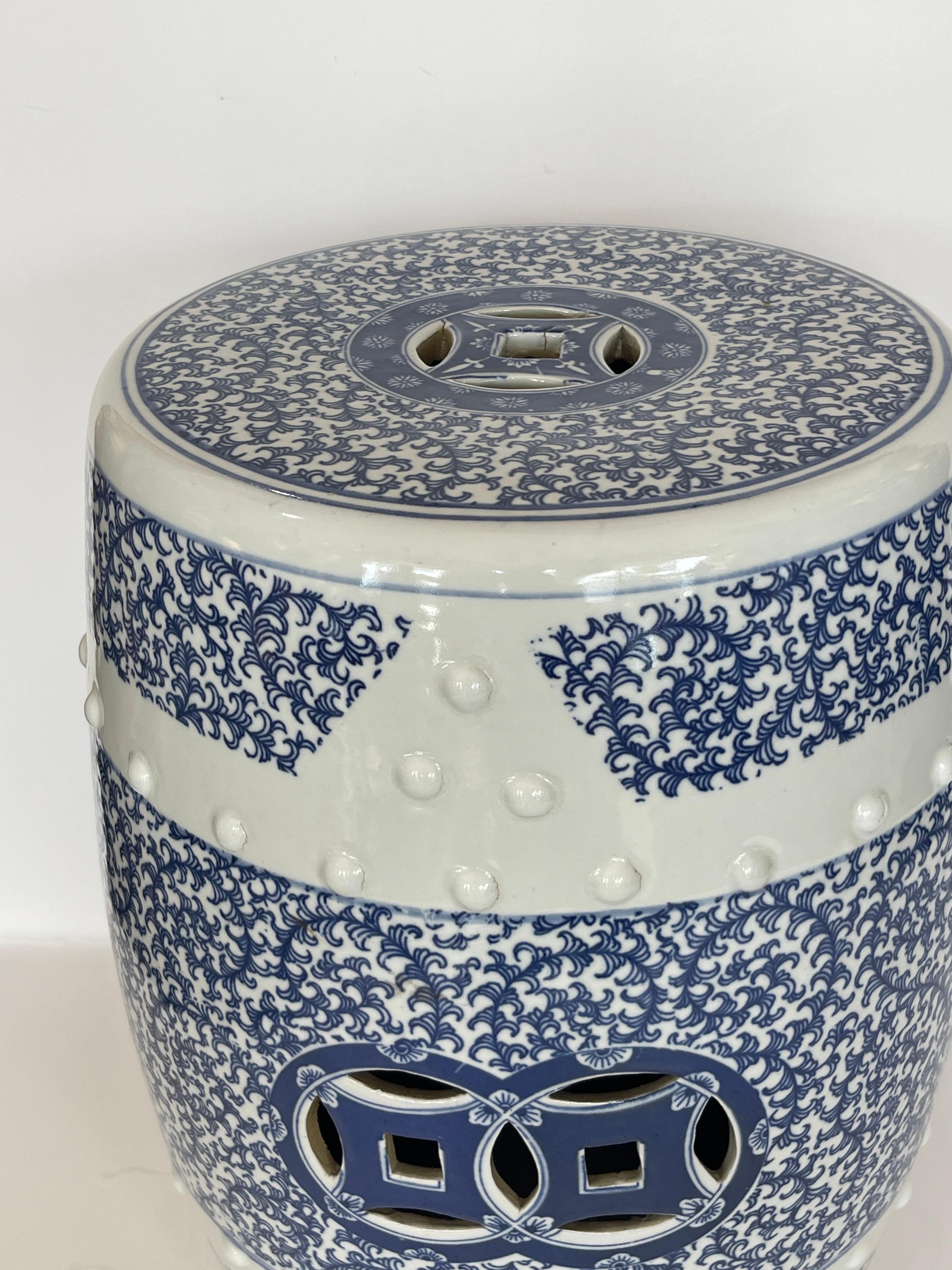 Mid-20th Century Pair Chinese Heavy Ceramic Hobnails Blue & White Garden Stools