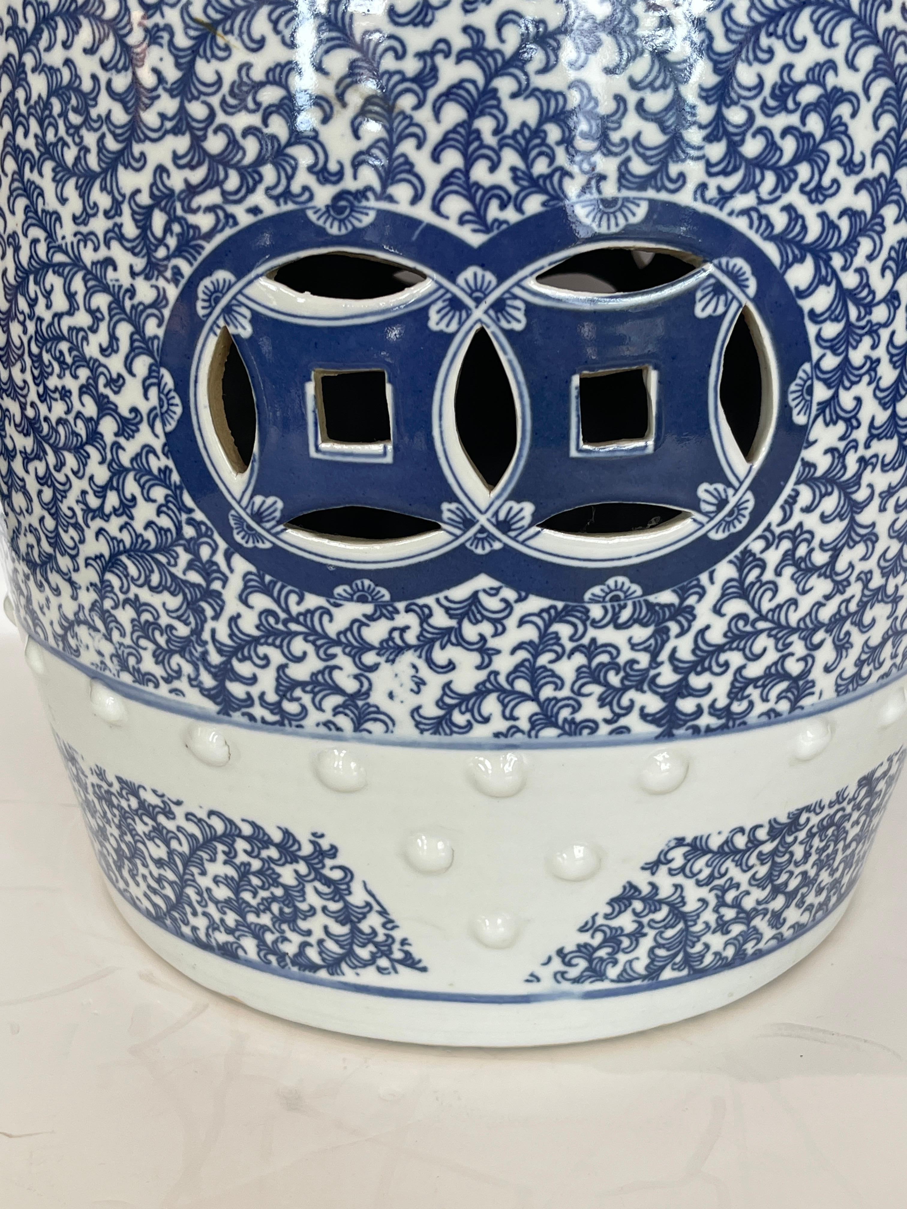 Pair Chinese Heavy Ceramic Hobnails Blue & White Garden Stools 1