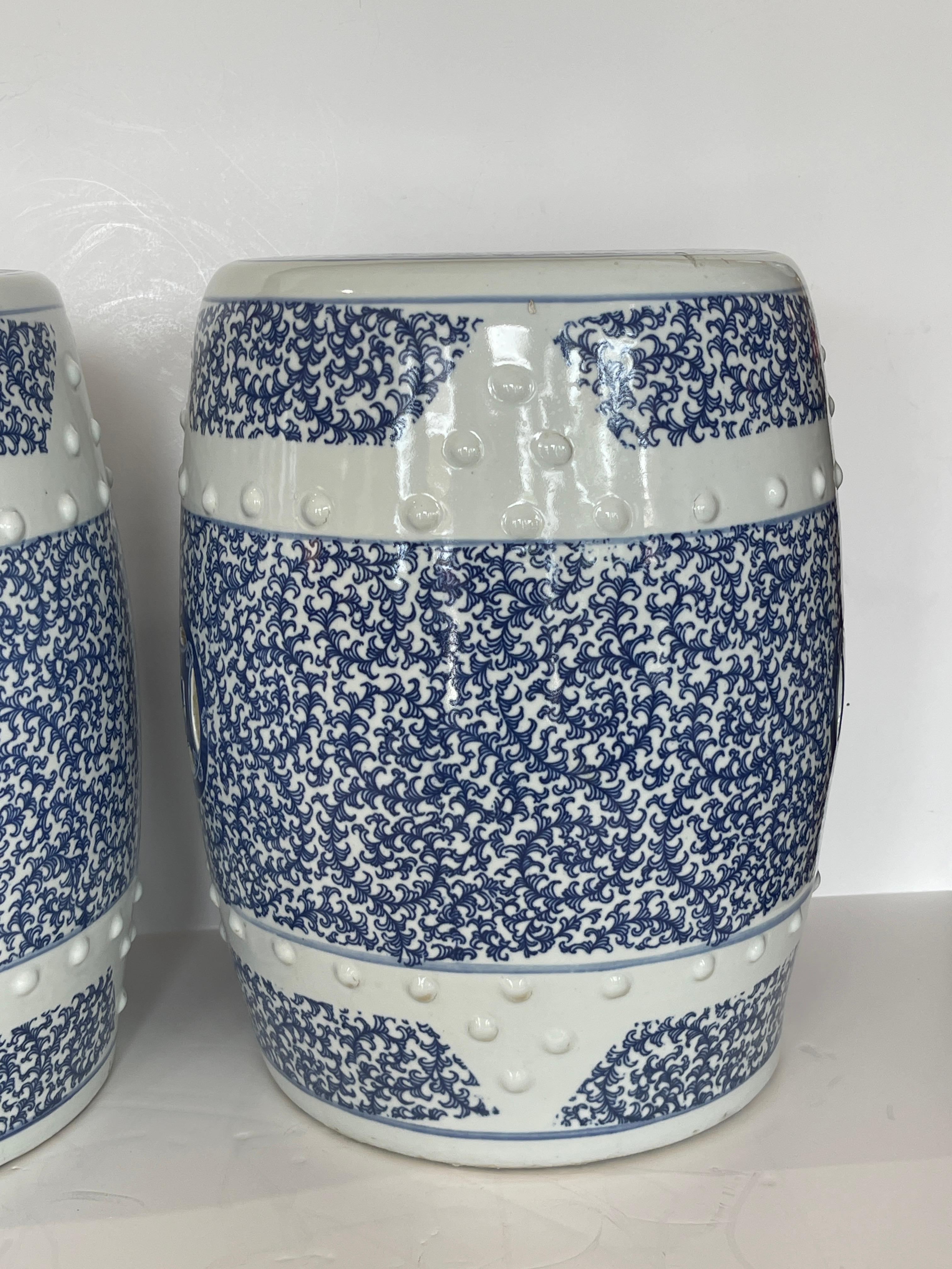 Pair Chinese Heavy Ceramic Hobnails Blue & White Garden Stools 2