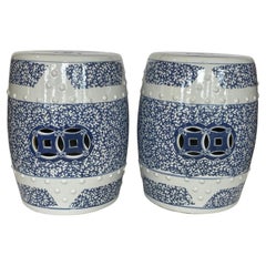 Pair Chinese Heavy Ceramic Hobnails Blue & White Garden Stools