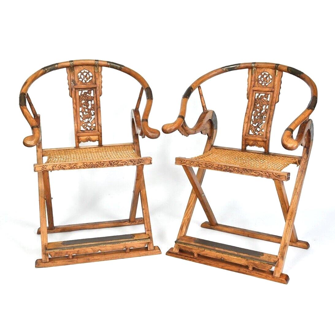 Qing Pair Chinese Horseshoe Folding Hunting Chairs Jiao Yi For Sale