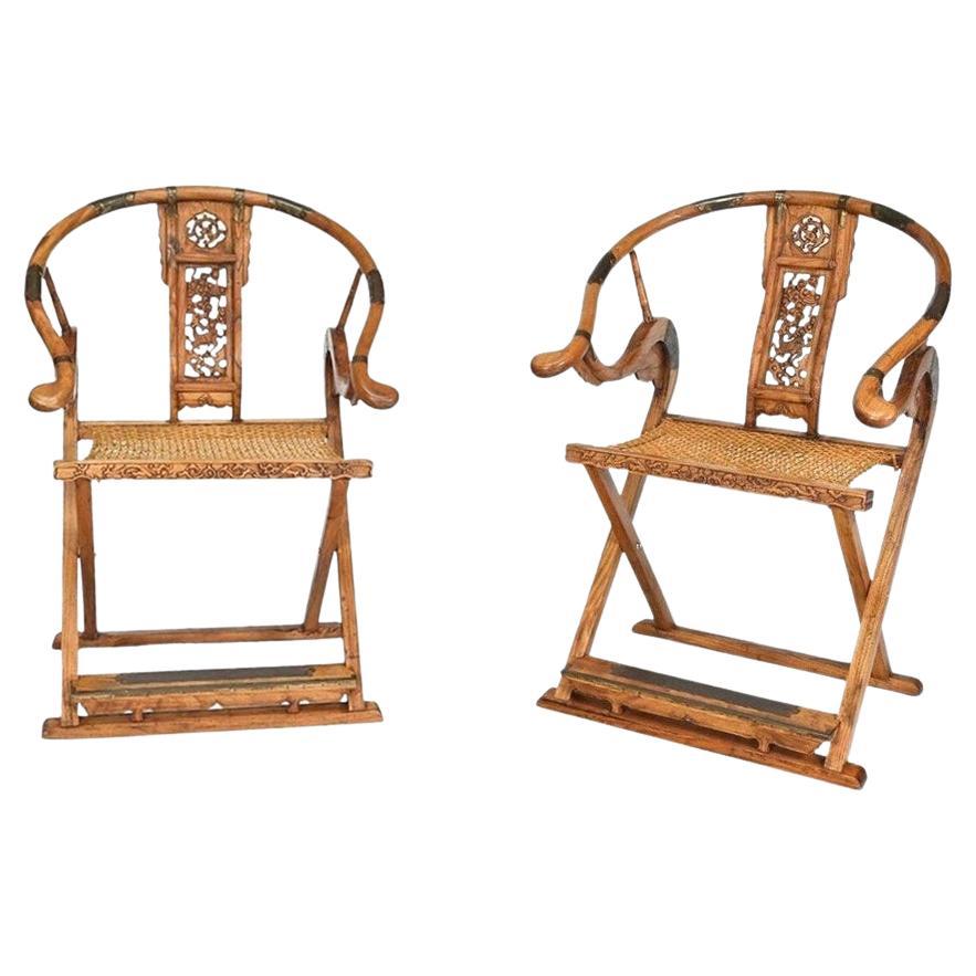 Pair Chinese Horseshoe Folding Hunting Chairs Jiao Yi For Sale