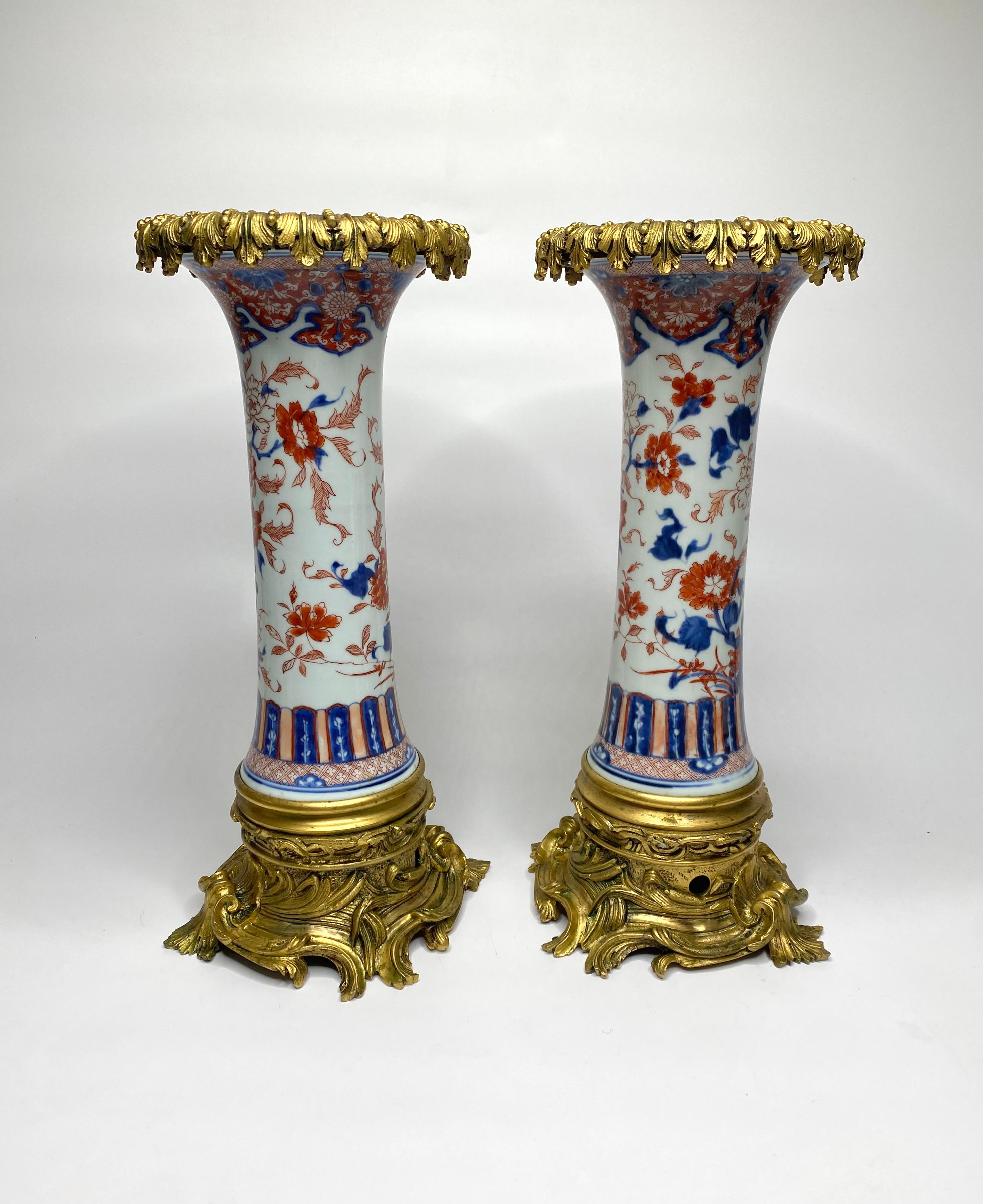 Fired Pair Chinese Imari porcelain and ormolu vases, c. 1700. Kangxi Period. For Sale