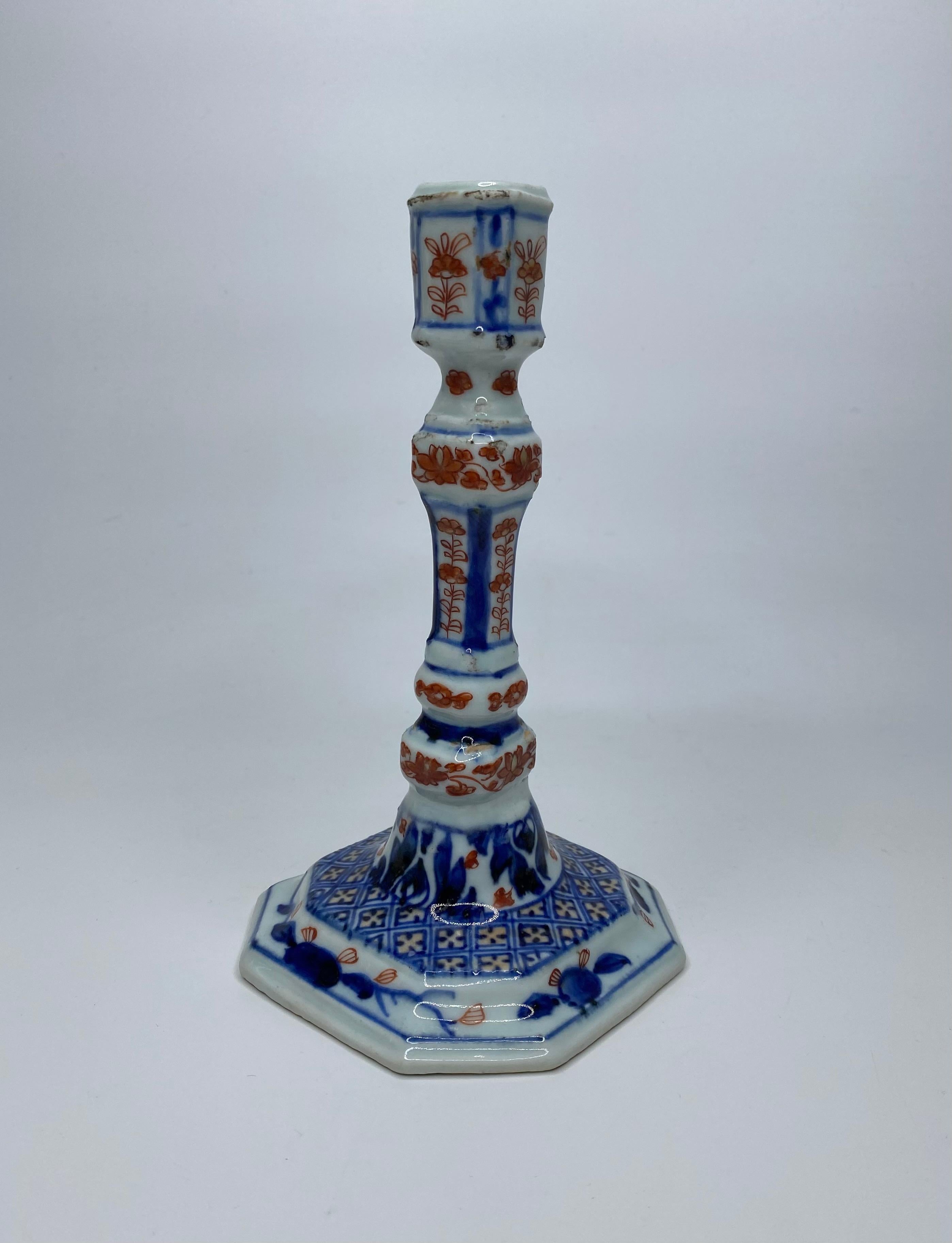 Pair Chinese Imari porcelain candlesticks, c. 1720. Kangxi Period. For Sale 1