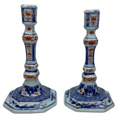 Antique Pair Chinese Imari porcelain candlesticks, c. 1720. Kangxi Period.