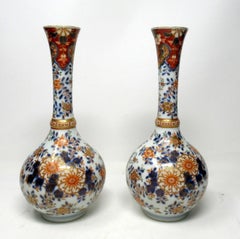 Pair of Chinese Japanese Hand Painted Imari Bottle Vases Gilt Blue Red