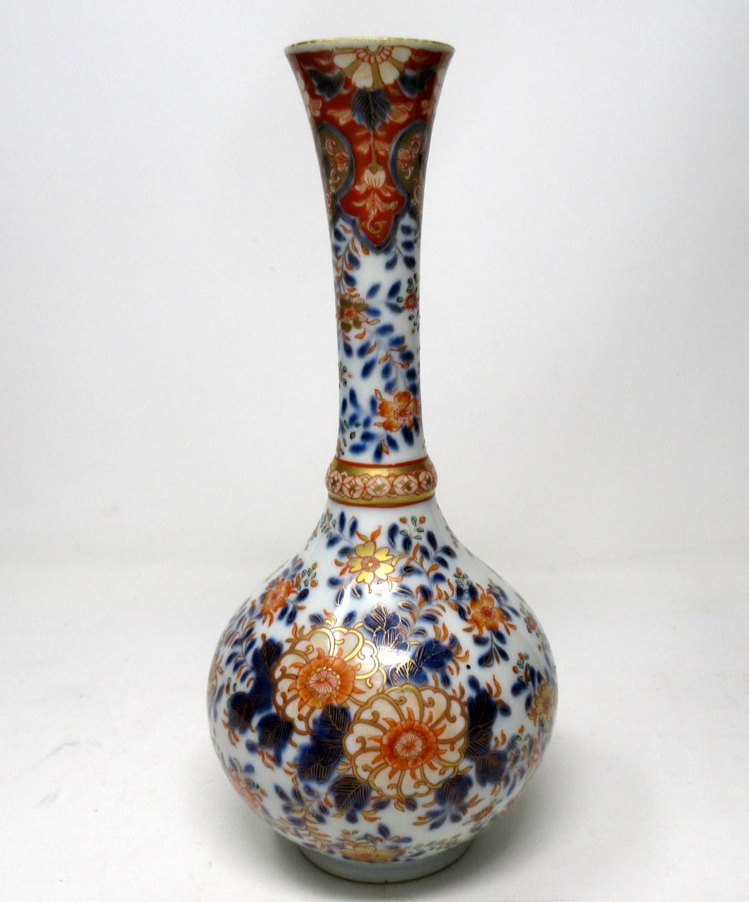 19th Century Pair of Chinese Japanese Hand Painted Imari Bottle Vases Gilt Blue Red