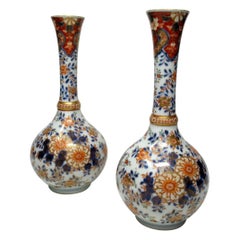 Antique Pair of Chinese Japanese Hand Painted Imari Bottle Vases Gilt Blue Red