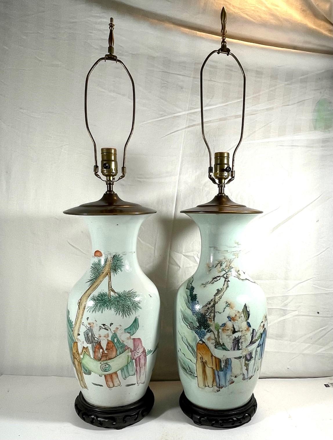 Large Pair Antique Chinese Famille Rose Porcelain Baluster Vases For Sale 8