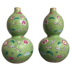 Pair of Chinese Lime Green Famille Rose Sgarffito Ground Vases, Republic Period