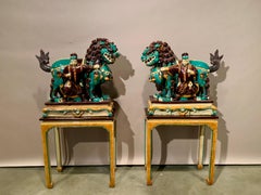 Pair Chinese Ming Dynasty Glazed Buddhist Lions and Attendants, 17th Century