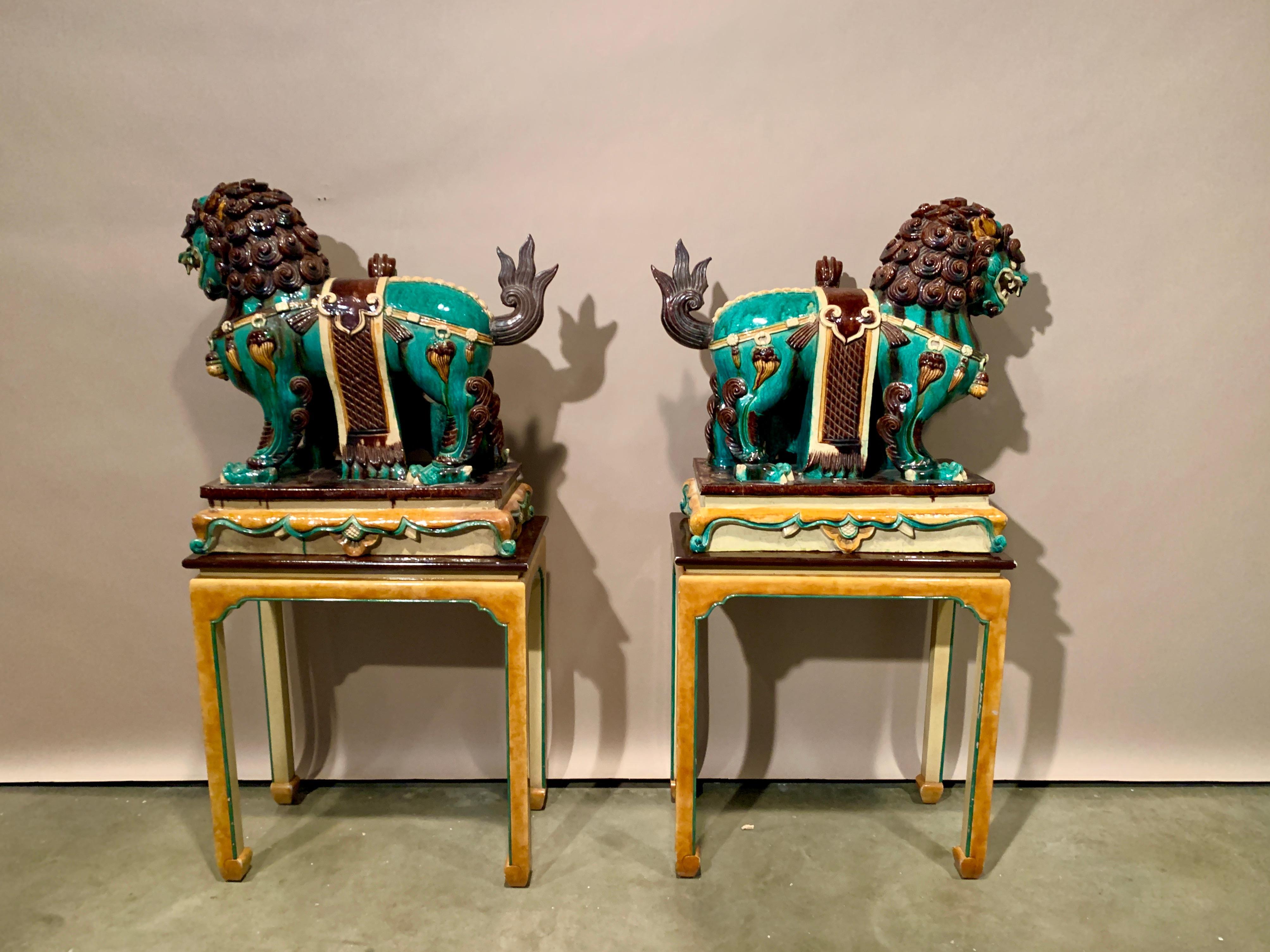 Fired Pair Chinese Ming Dynasty Glazed Buddhist Lions and Attendants, 17th Century For Sale