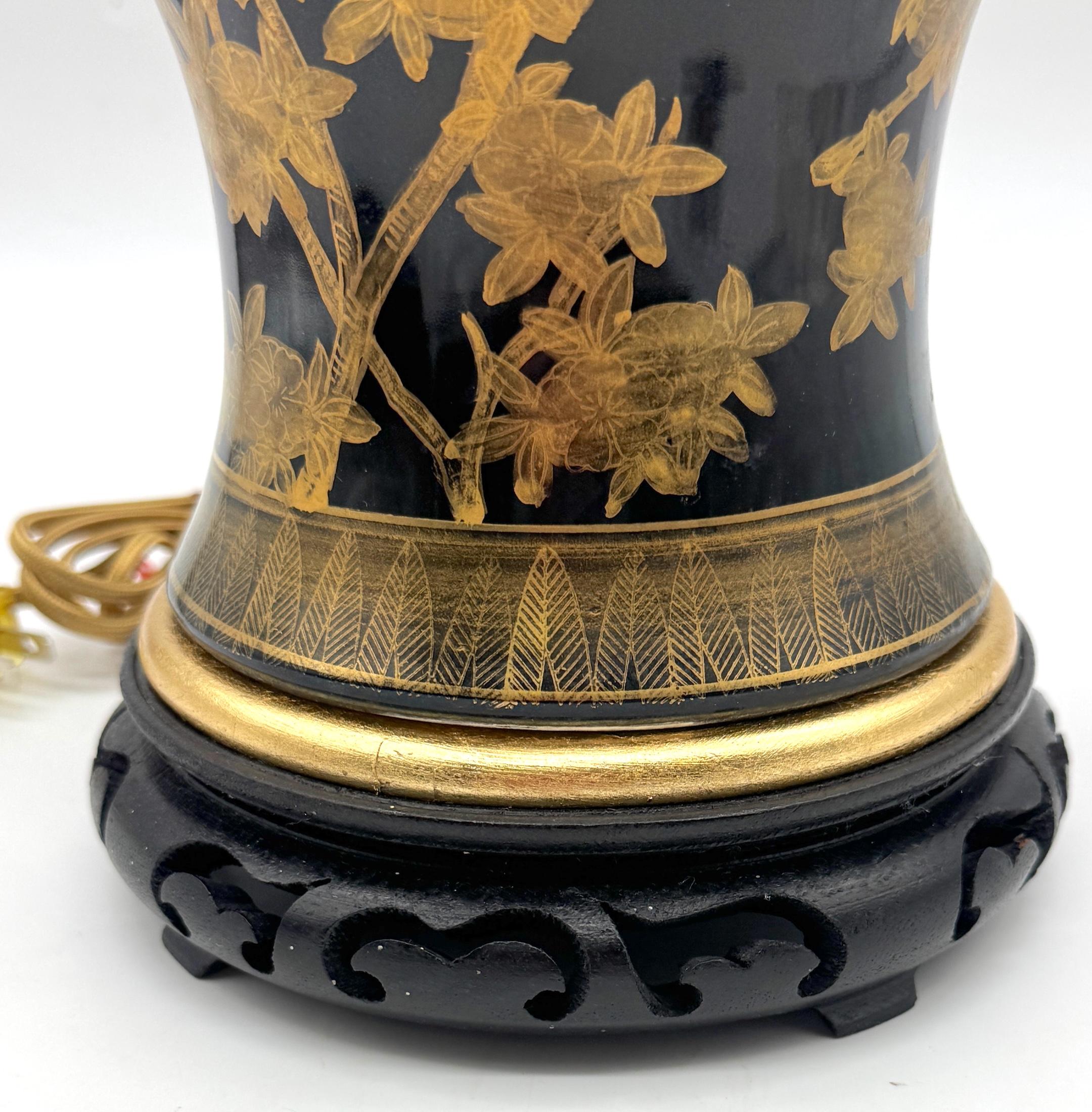Pair Chinese Mirror Black Baluster Vase Lamps Gilt Prunus Decoration, Circa 1900 For Sale 3