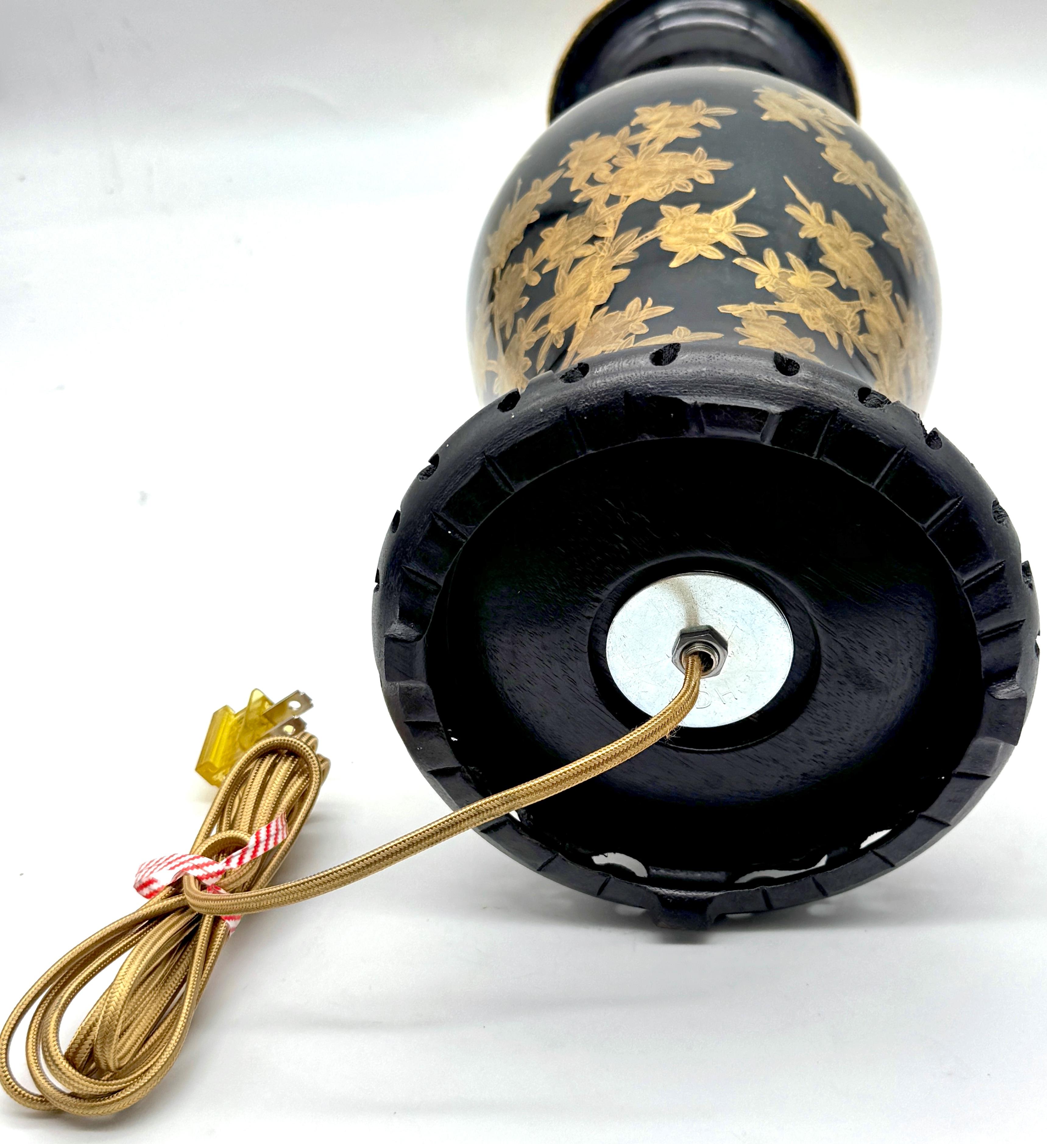 Pair Chinese Mirror Black Baluster Vase Lamps Gilt Prunus Decoration, Circa 1900 For Sale 4