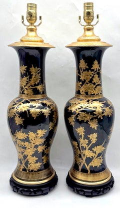 Pair Chinese Mirror Black Baluster Vase Lamps Gilt Prunus Decoration, Circa 1900