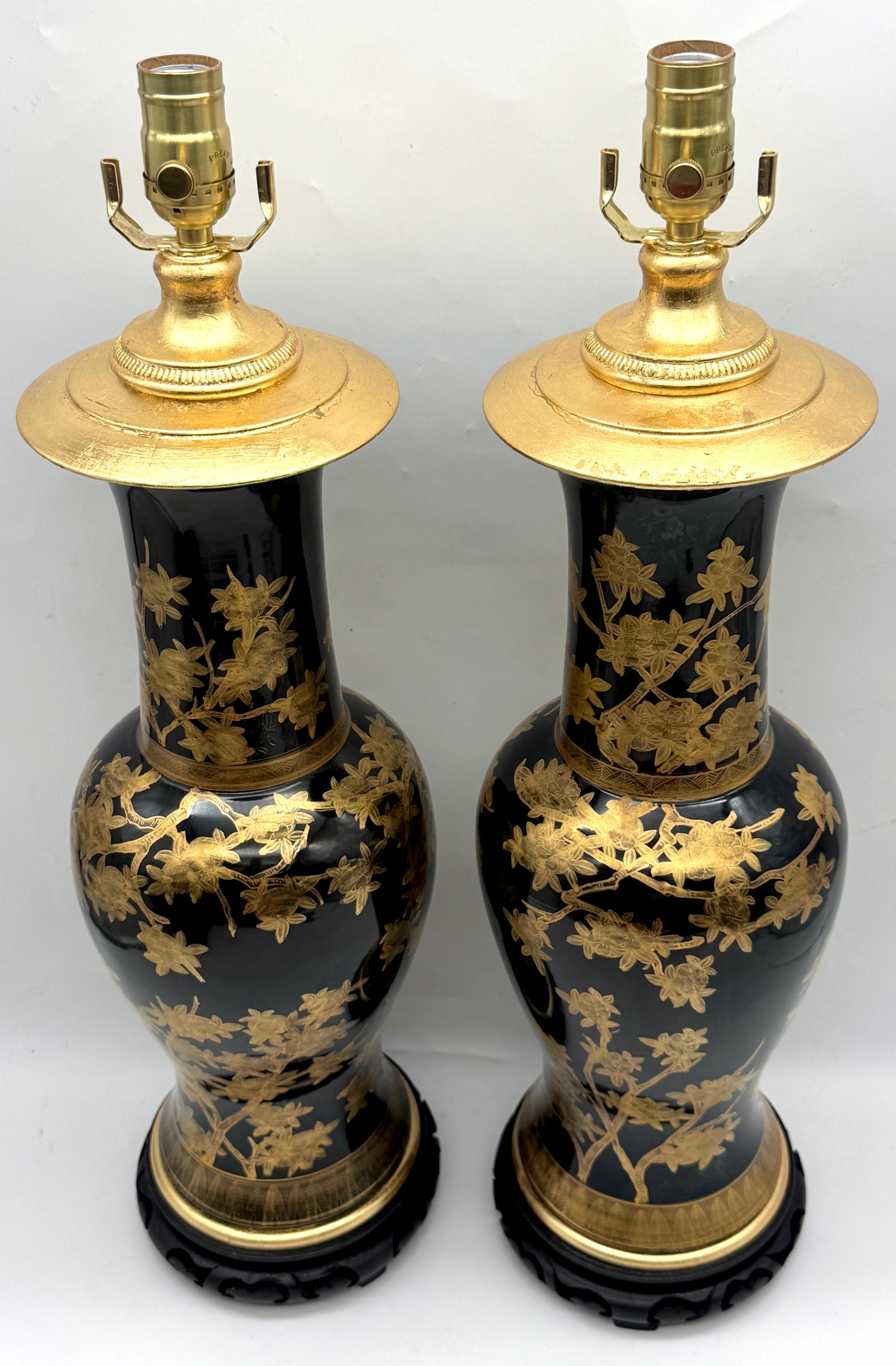 Chinese Export Pair Chinese Mirror Black Baluster Vase Lamps Gilt Prunus Decoration, Circa 1900 For Sale