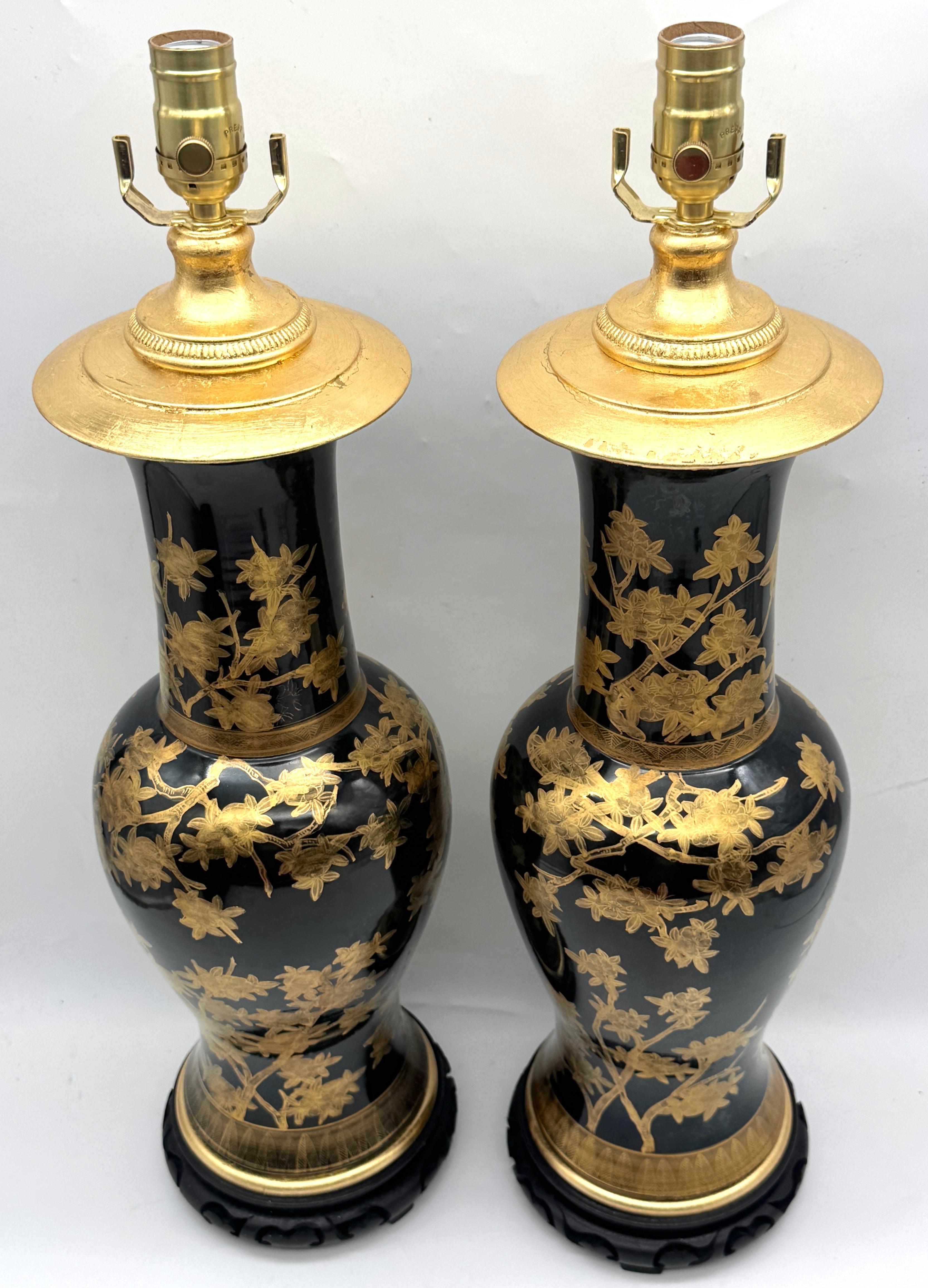 Carved Pair Chinese Mirror Black Baluster Vase Lamps Gilt Prunus Decoration, Circa 1900 For Sale