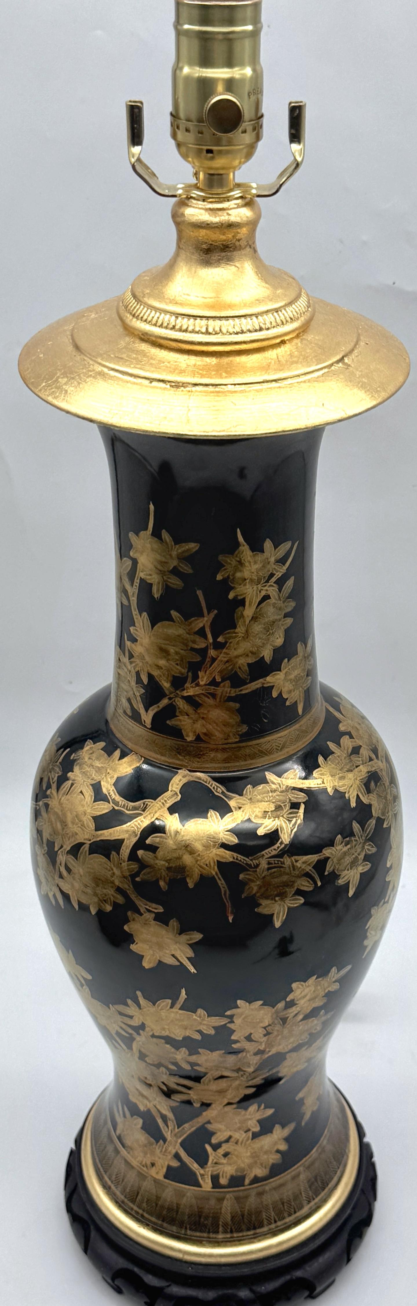 Pair Chinese Mirror Black Baluster Vase Lamps Gilt Prunus Decoration, Circa 1900 In Good Condition For Sale In West Palm Beach, FL