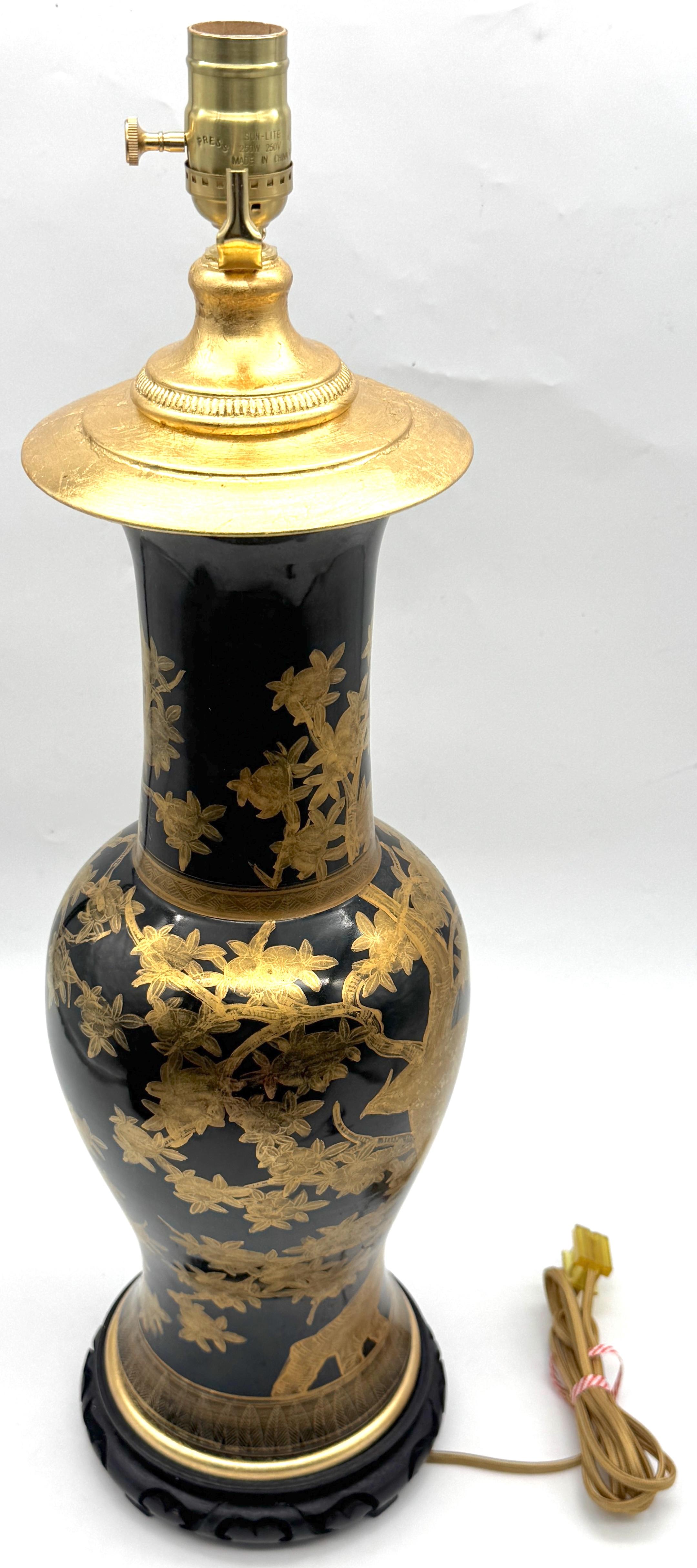 20th Century Pair Chinese Mirror Black Baluster Vase Lamps Gilt Prunus Decoration, Circa 1900 For Sale