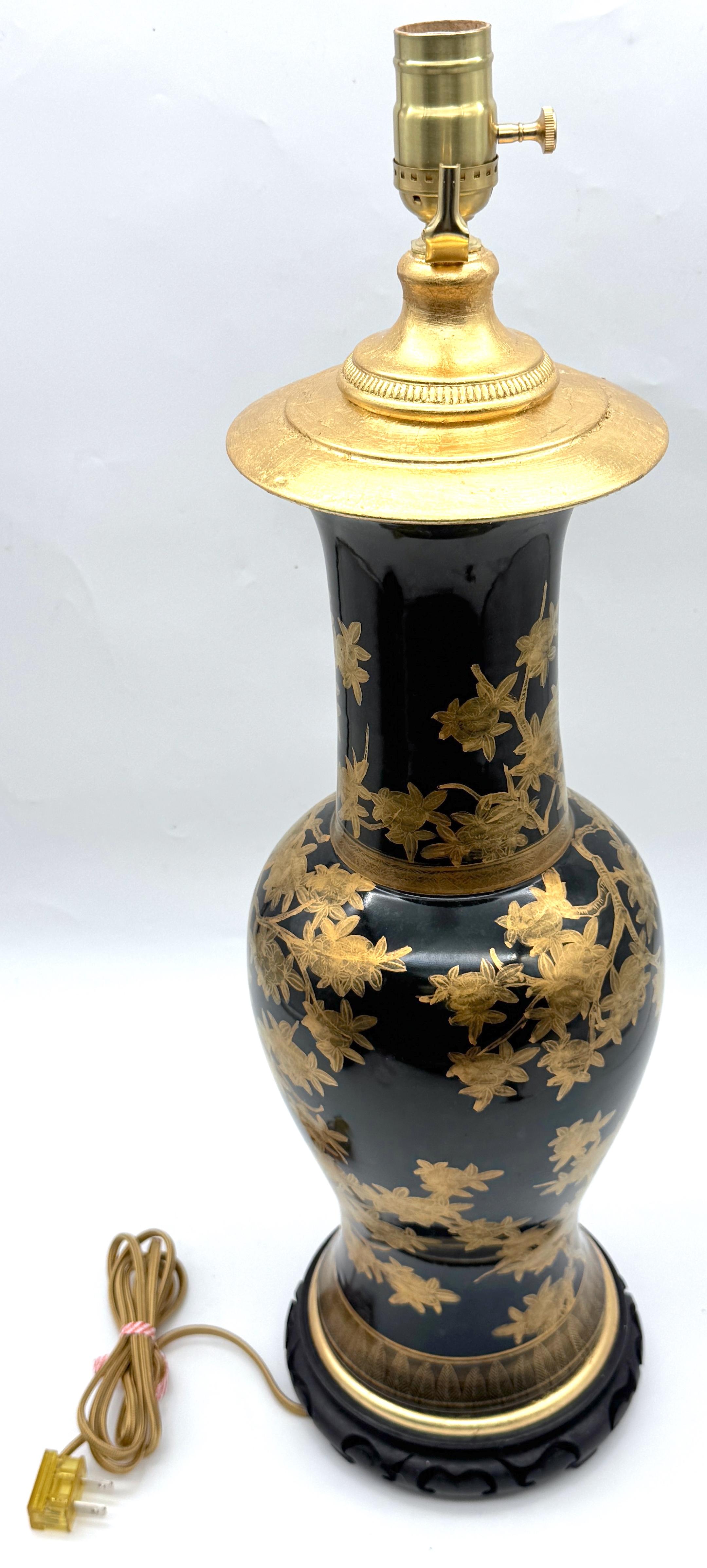 Metal Pair Chinese Mirror Black Baluster Vase Lamps Gilt Prunus Decoration, Circa 1900 For Sale