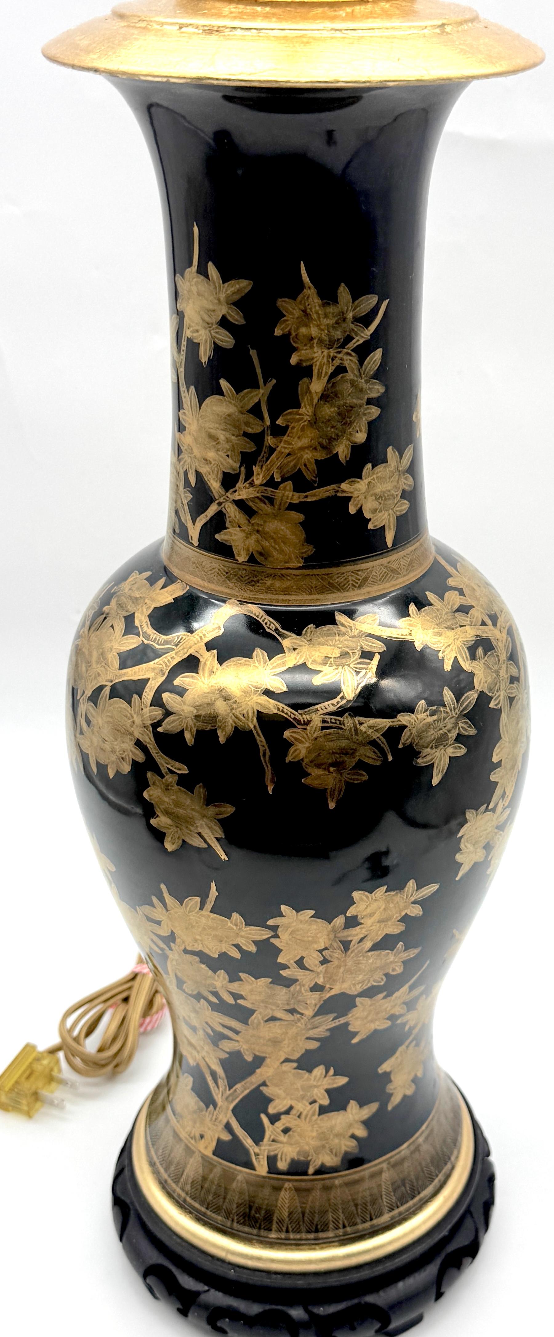 Pair Chinese Mirror Black Baluster Vase Lamps Gilt Prunus Decoration, Circa 1900 For Sale 2