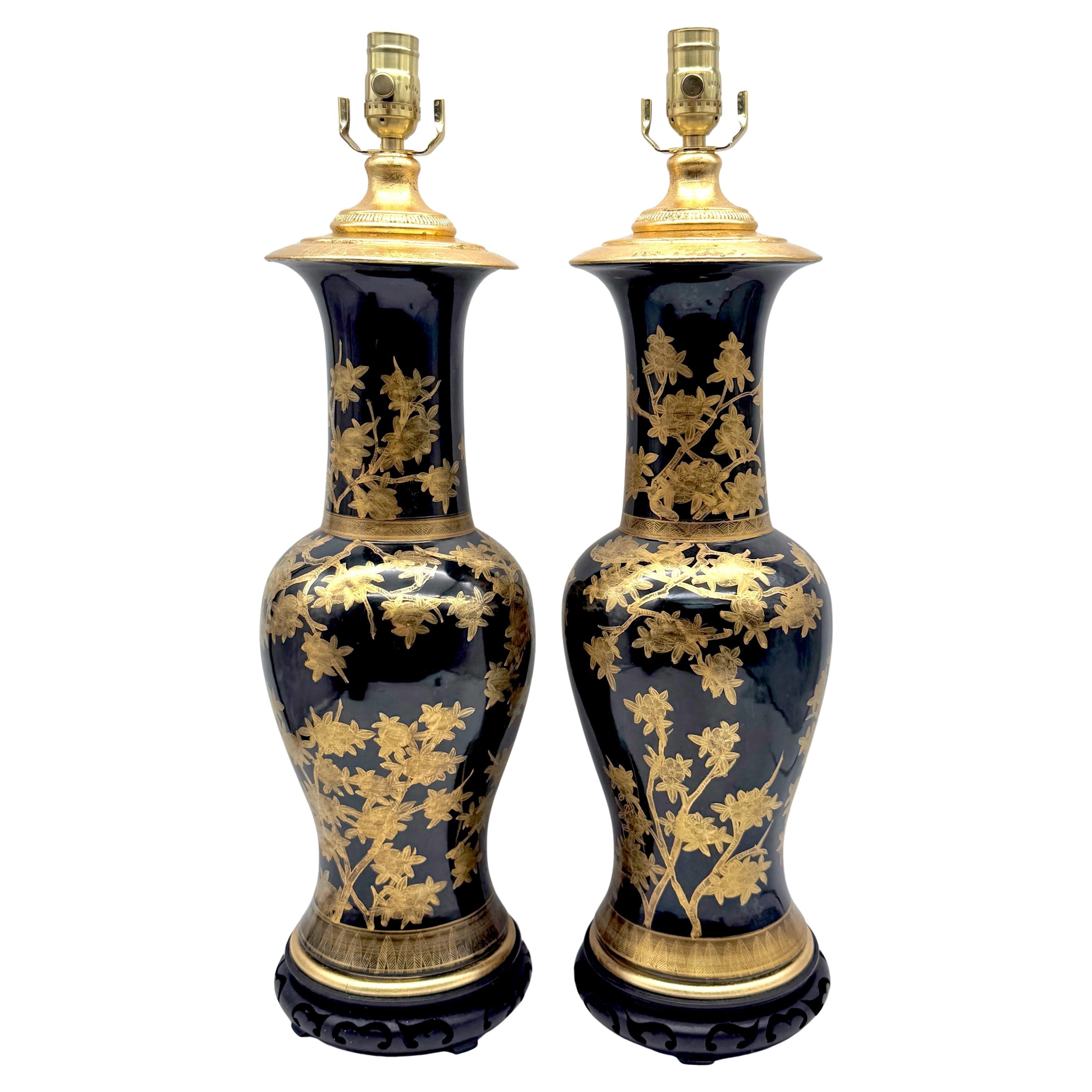 Pair Chinese Mirror Black Baluster Vase Lamps Gilt Prunus Decoration, Circa 1900