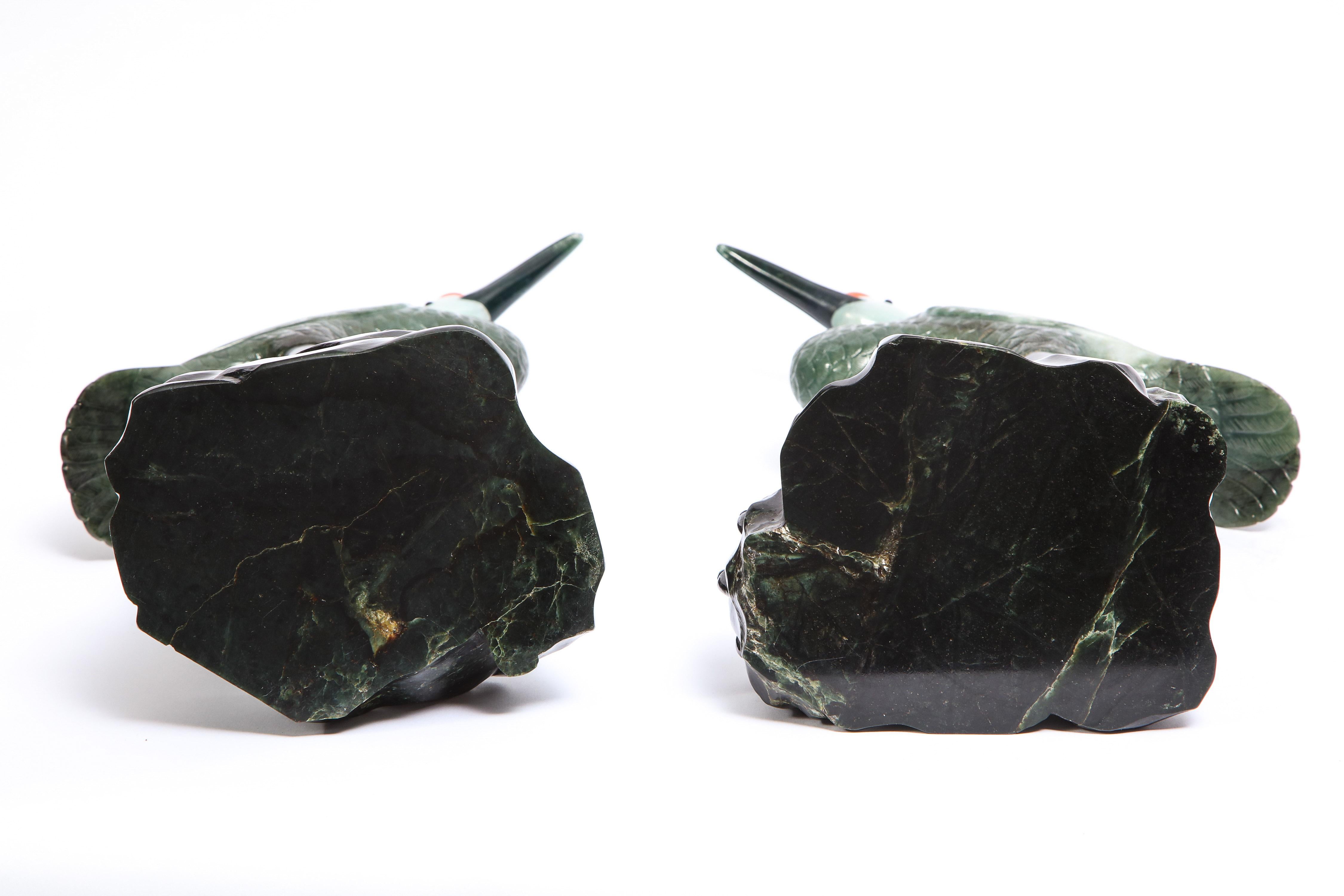 Pair Chinese Mottled Light Green Jadeite Carvings, Cranes on Carved Wood Stands For Sale 8