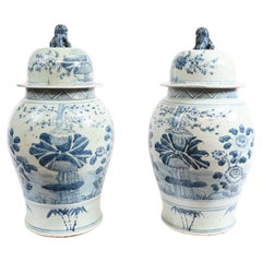 Pair Chinese Nanking Urns Temple Jars Blue and White China