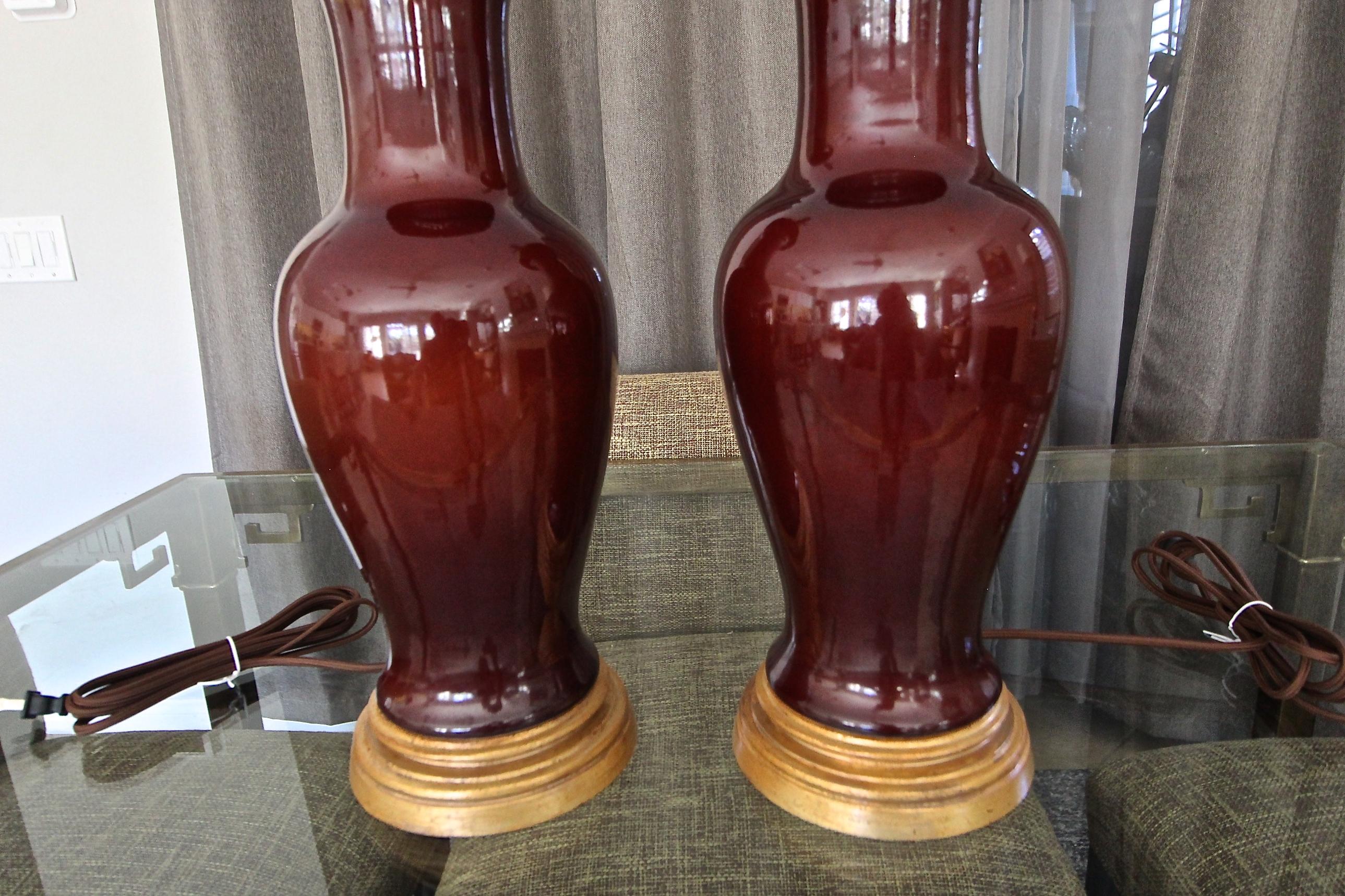 Pair Chinese Oxblood  Baluster Porcelain Table Lamps 9