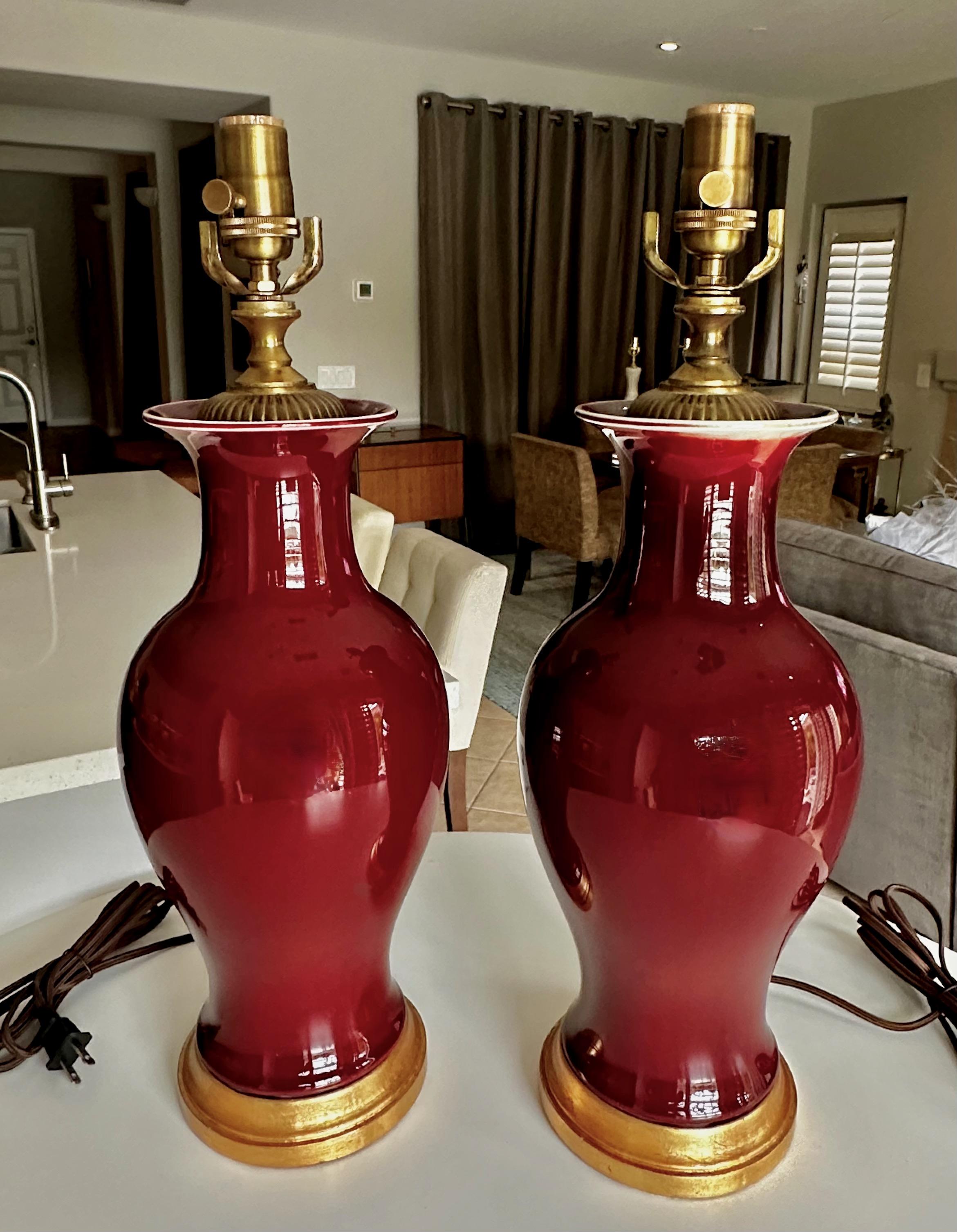 Pair Chinese Oxblood Baluster Porcelain Table Lamps For Sale 11
