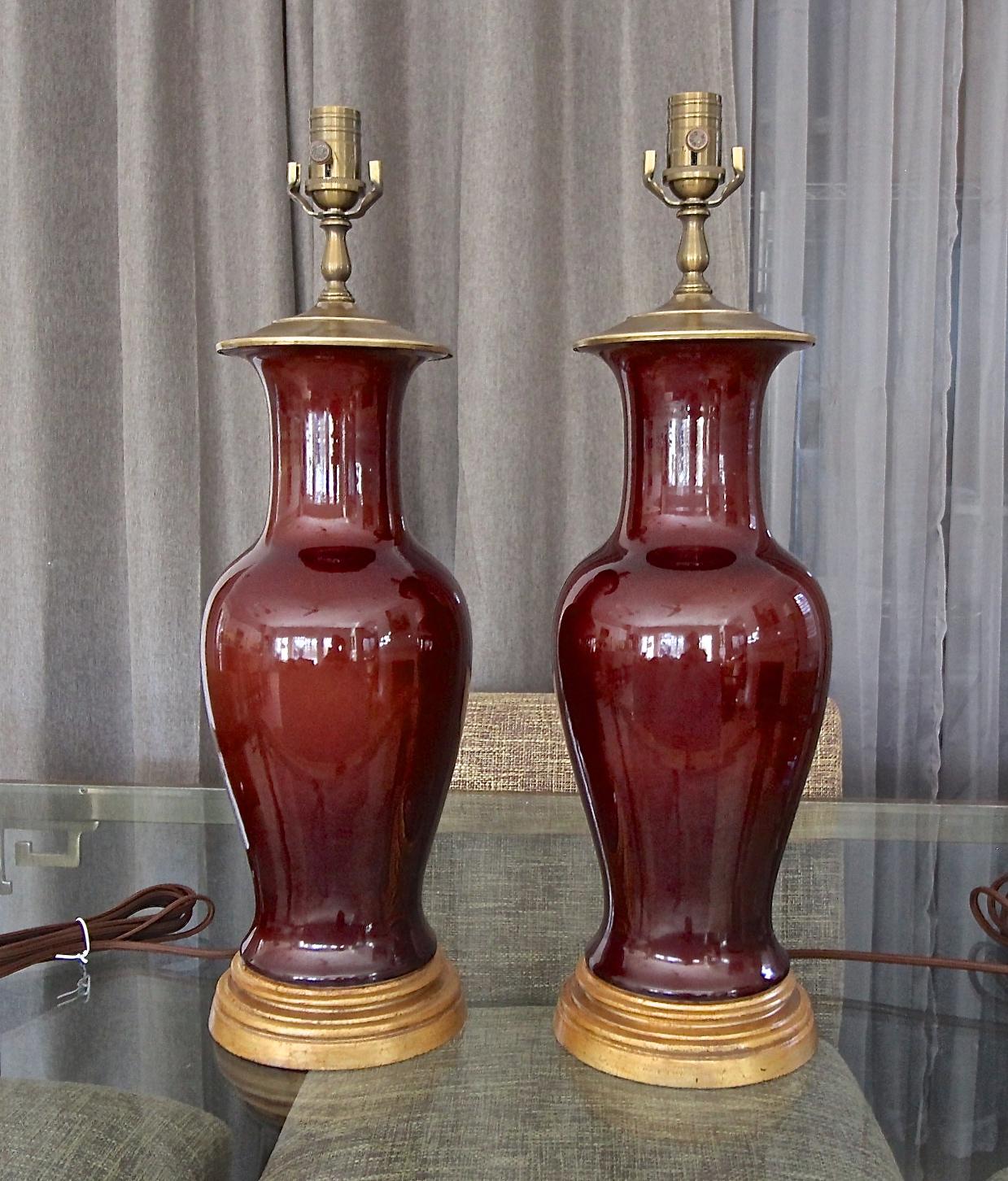 Pair Chinese Oxblood  Baluster Porcelain Table Lamps 12