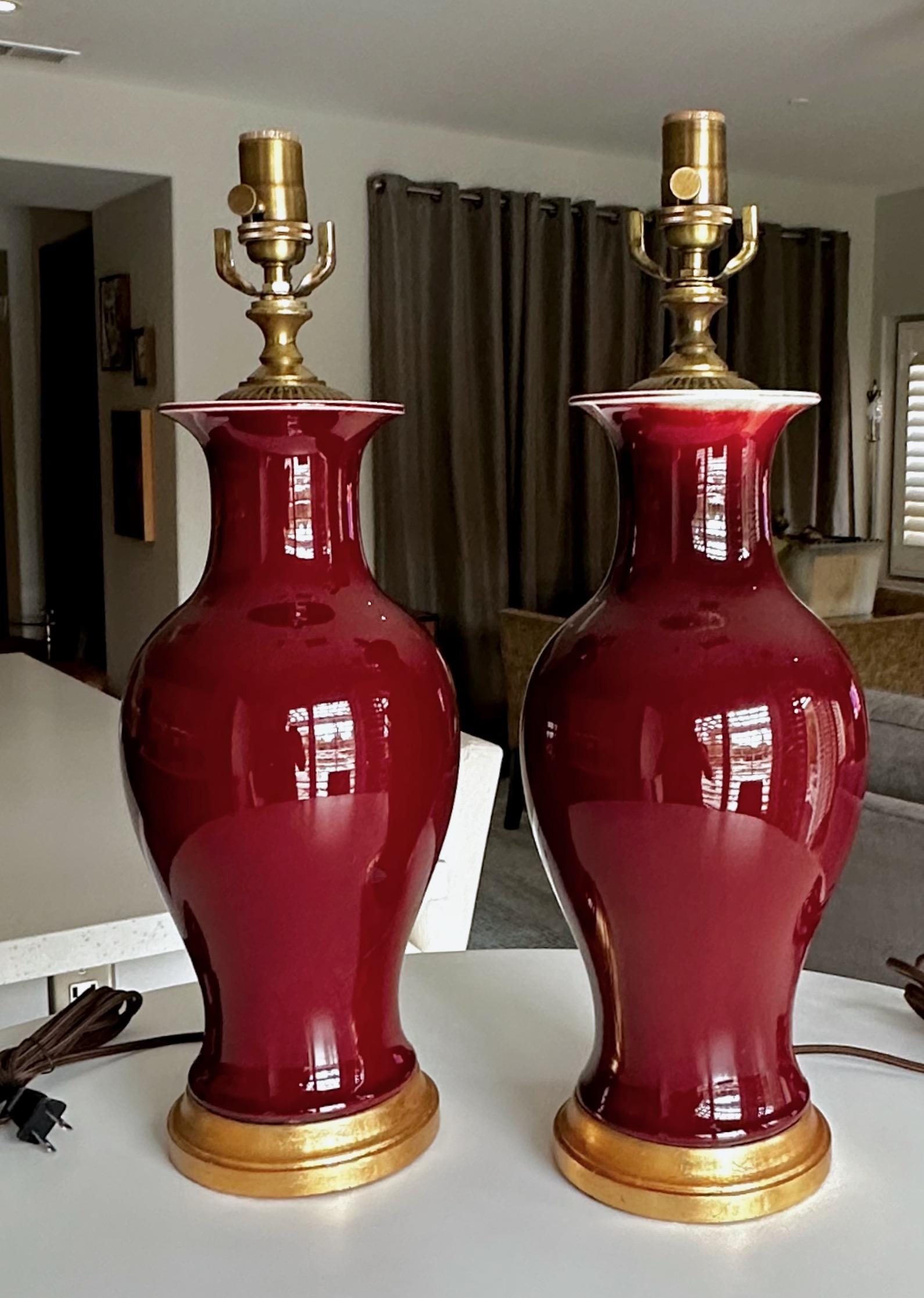 Pair Chinese Oxblood Baluster Porcelain Table Lamps For Sale 13