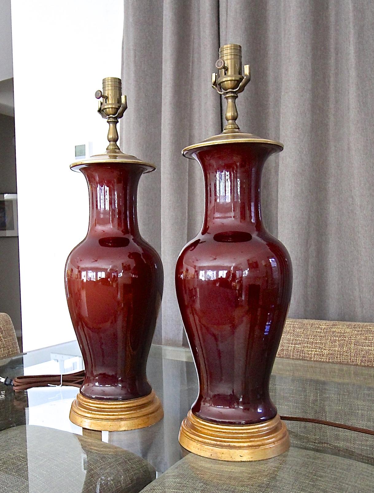 Pair Chinese Oxblood  Baluster Porcelain Table Lamps In Good Condition In Palm Springs, CA