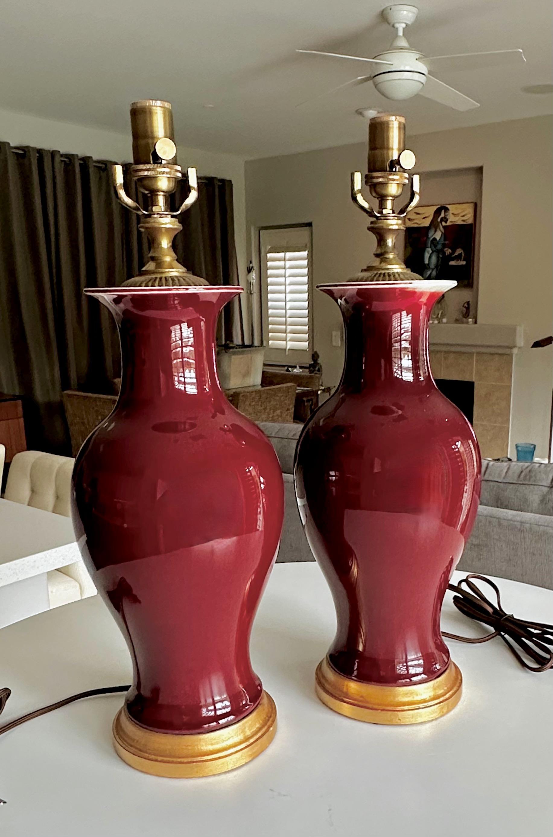 Pair Chinese Oxblood Baluster Porcelain Table Lamps In Good Condition For Sale In Palm Springs, CA
